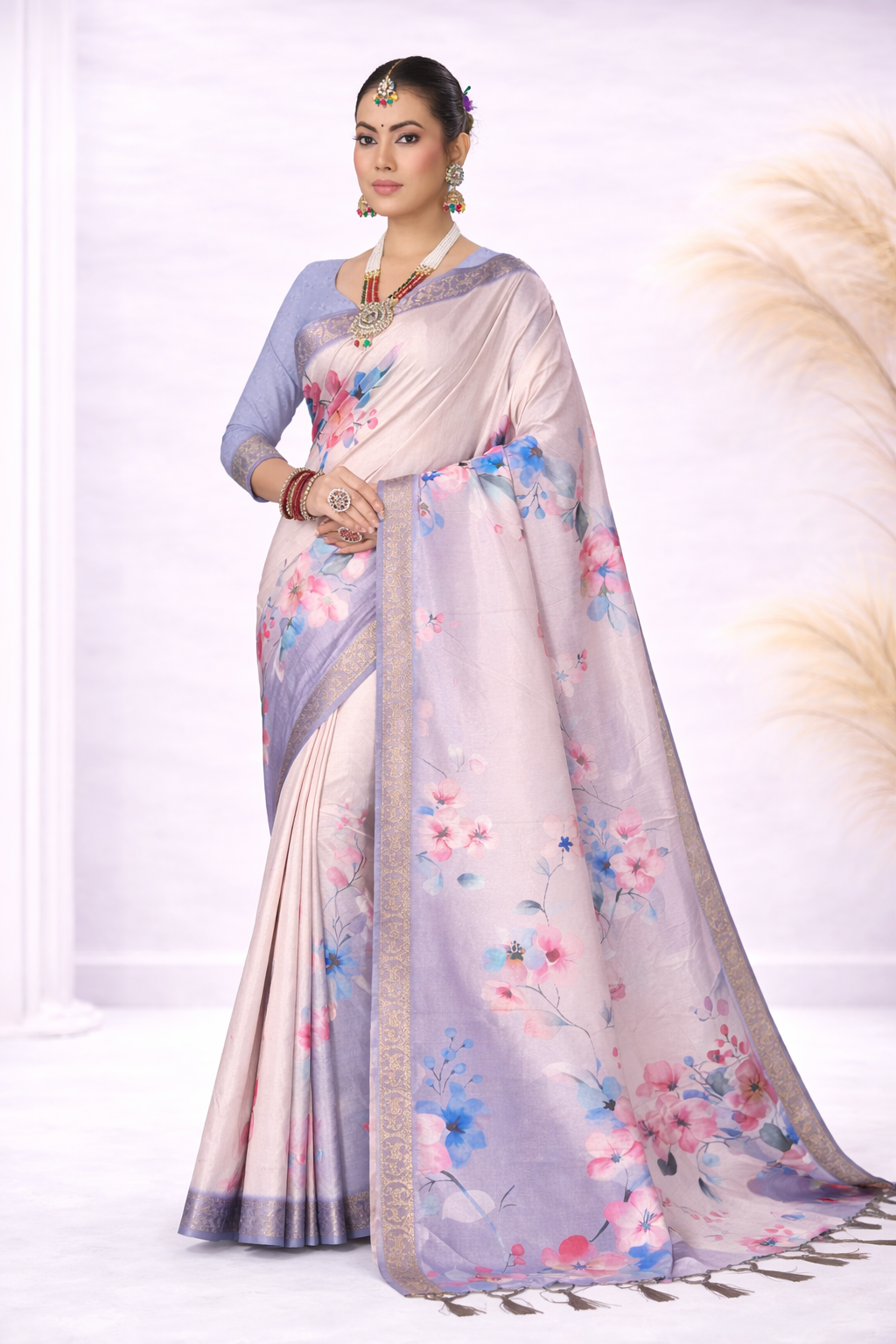 Laxmi 1998 Tusser Silk Pastel Pink Floral Printed Saree with Zari Border