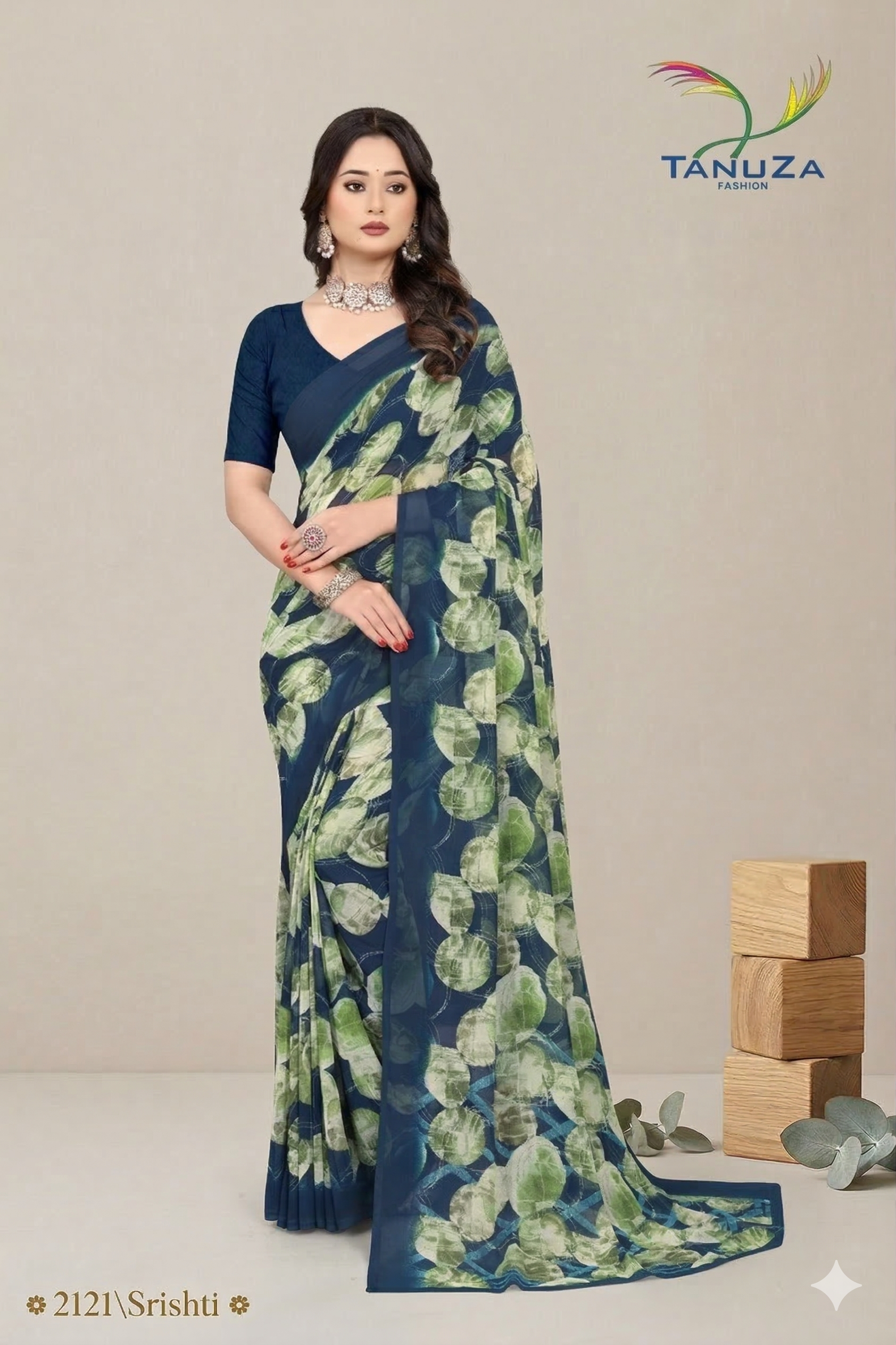 Shristi Designer Printed Saree – Elegant Navy Blue Party Wear Saree