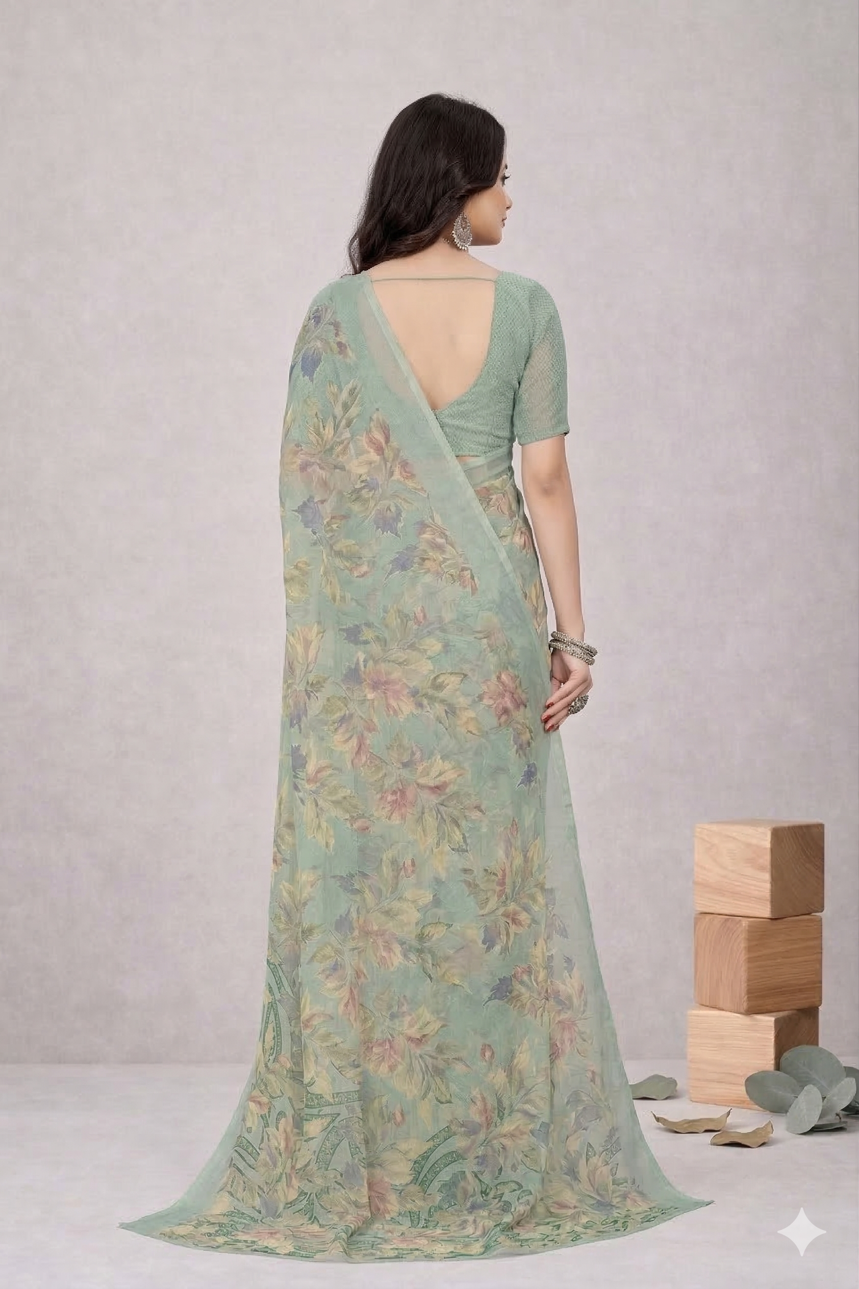 Srishti Floral Printed Saree – Elegant Pastel Green Designer Saree