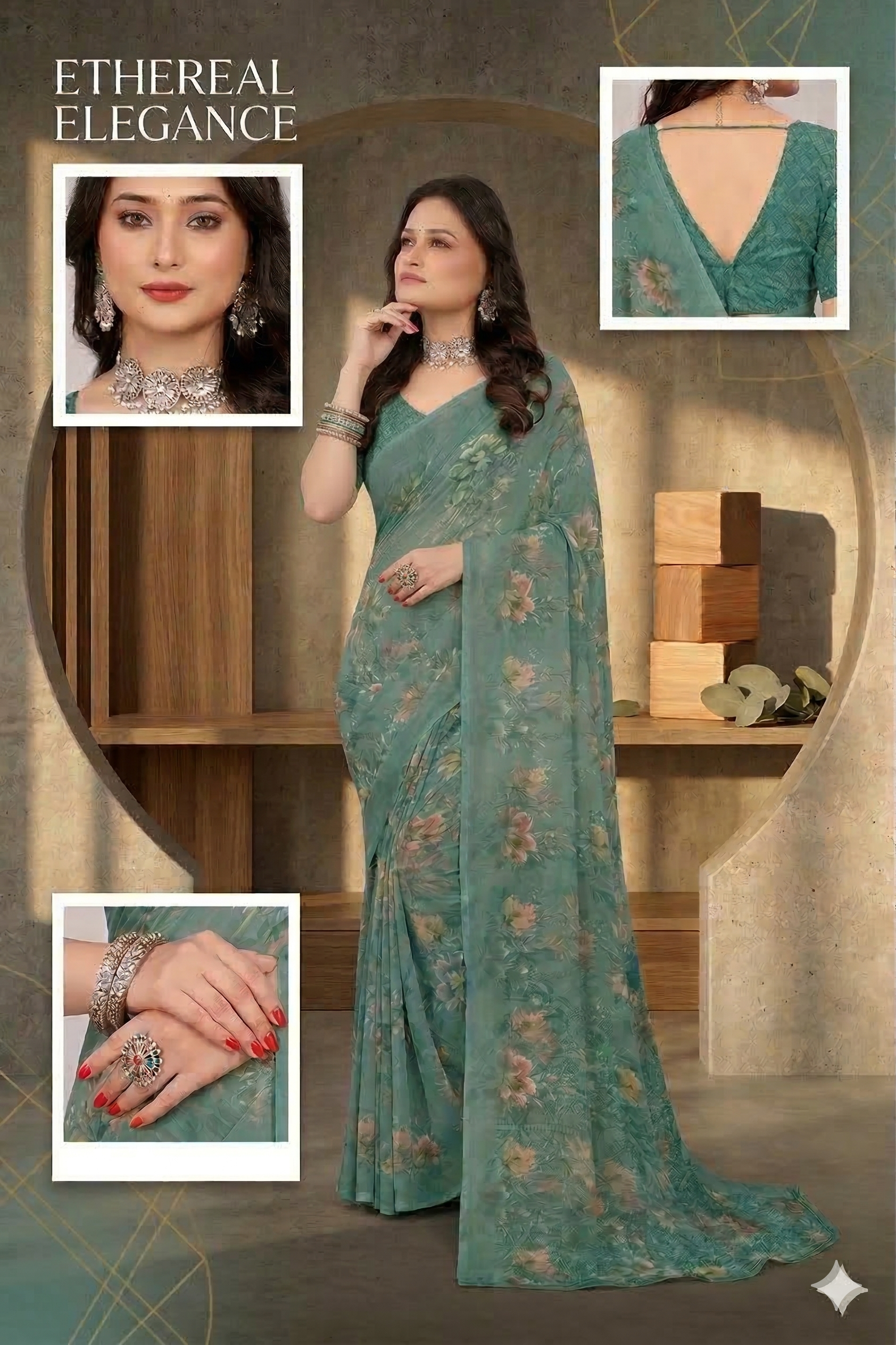 Srishti Floral Printed Saree – Elegant Sea Green Designer Saree