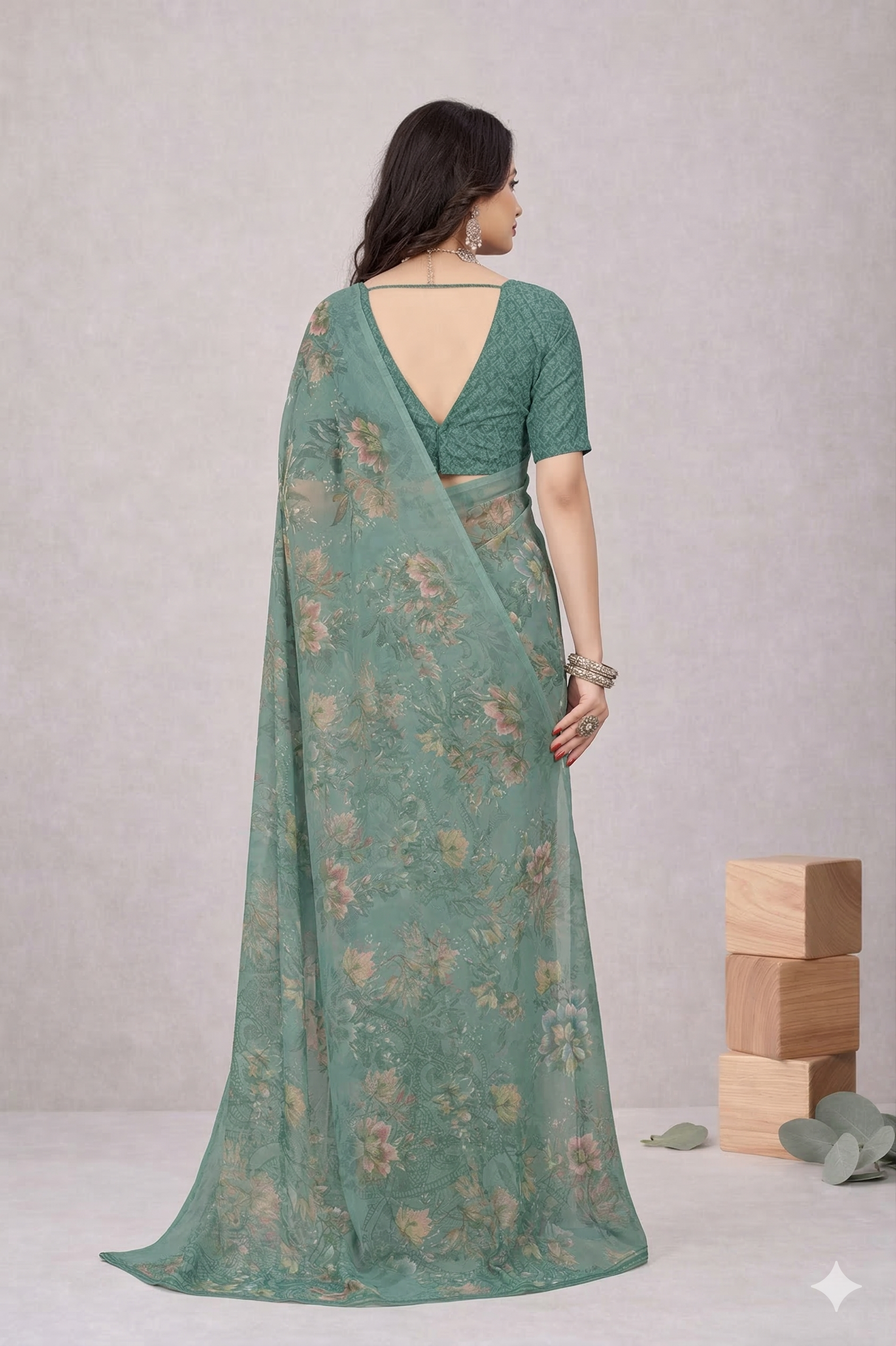 Srishti Floral Printed Saree – Elegant Sea Green Designer Saree