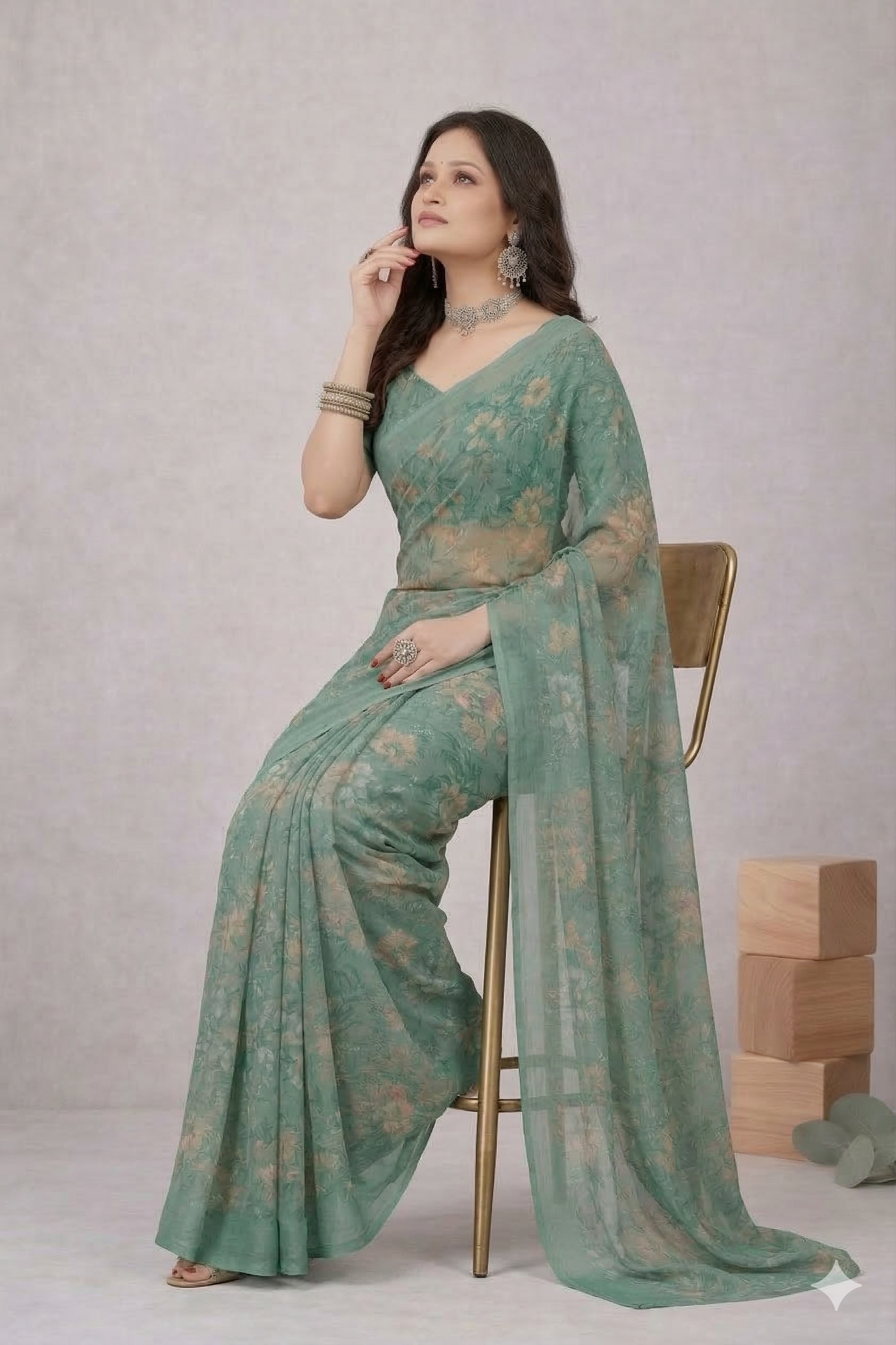 Srishti Floral Printed Saree – Elegant Sea Green Designer Saree