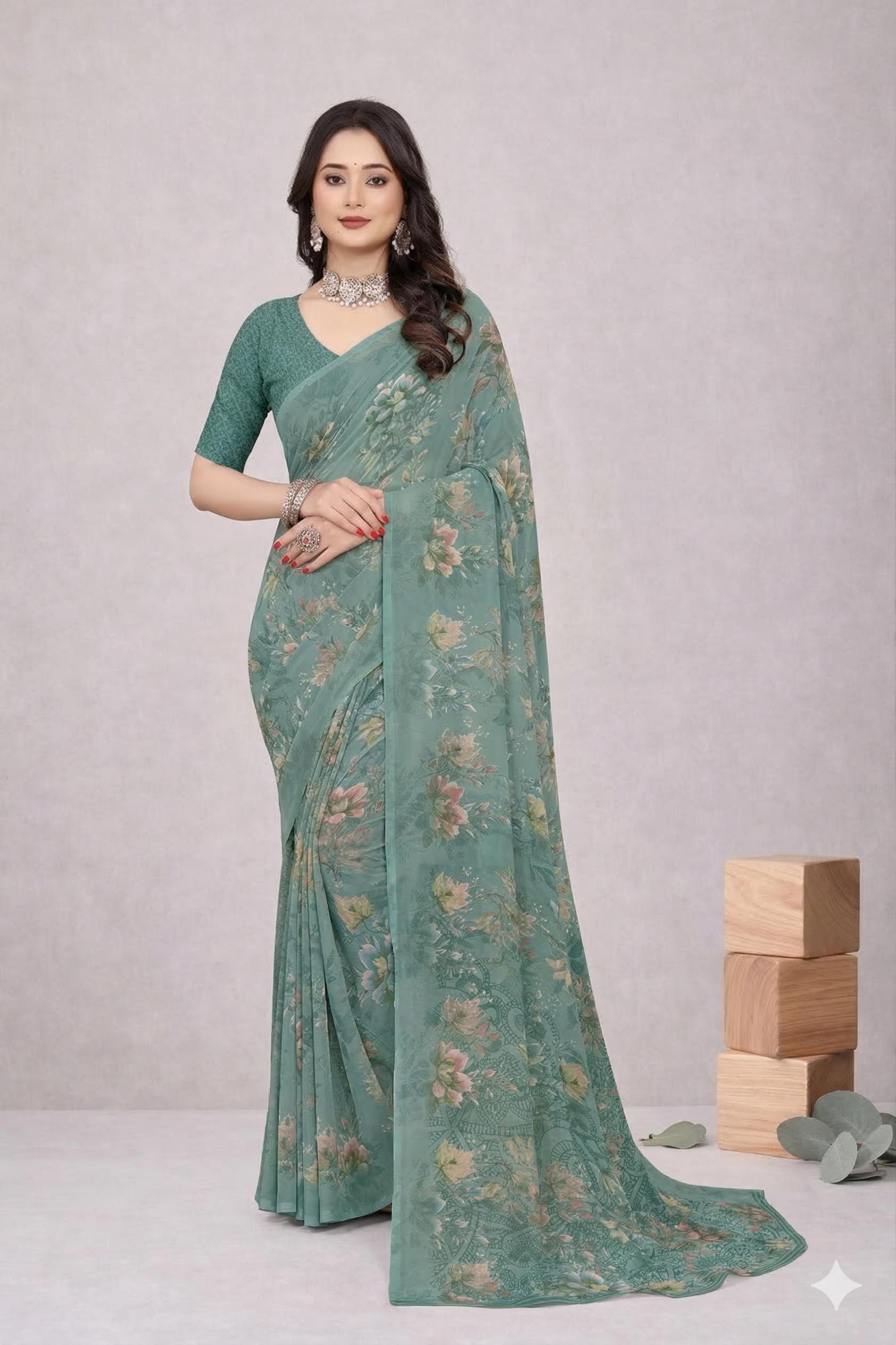 Srishti Floral Printed Saree – Elegant Sea Green Designer Saree