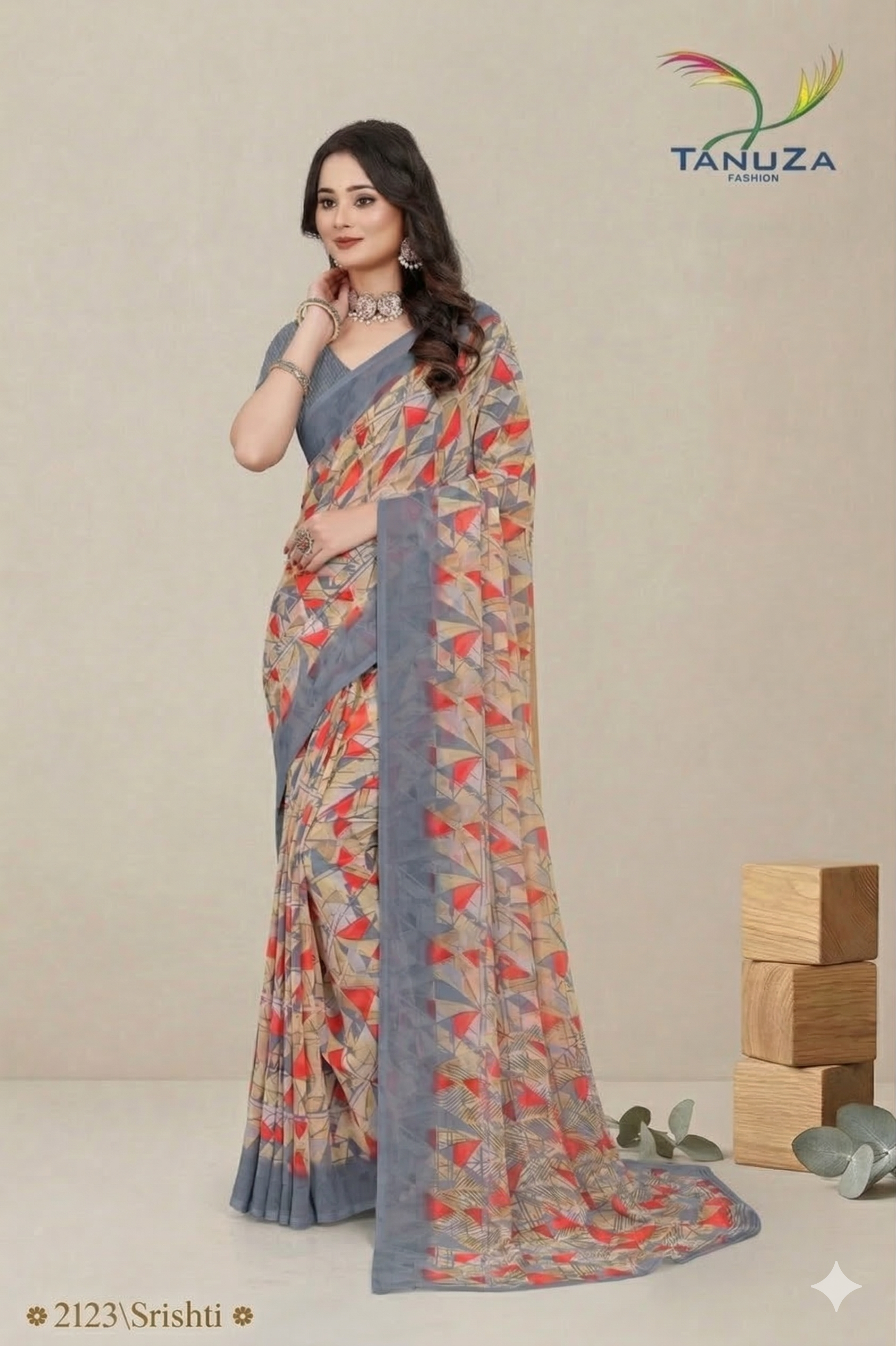 Shristi Designer Printed Saree – Stylish Grey Geometric Party Wear Saree
