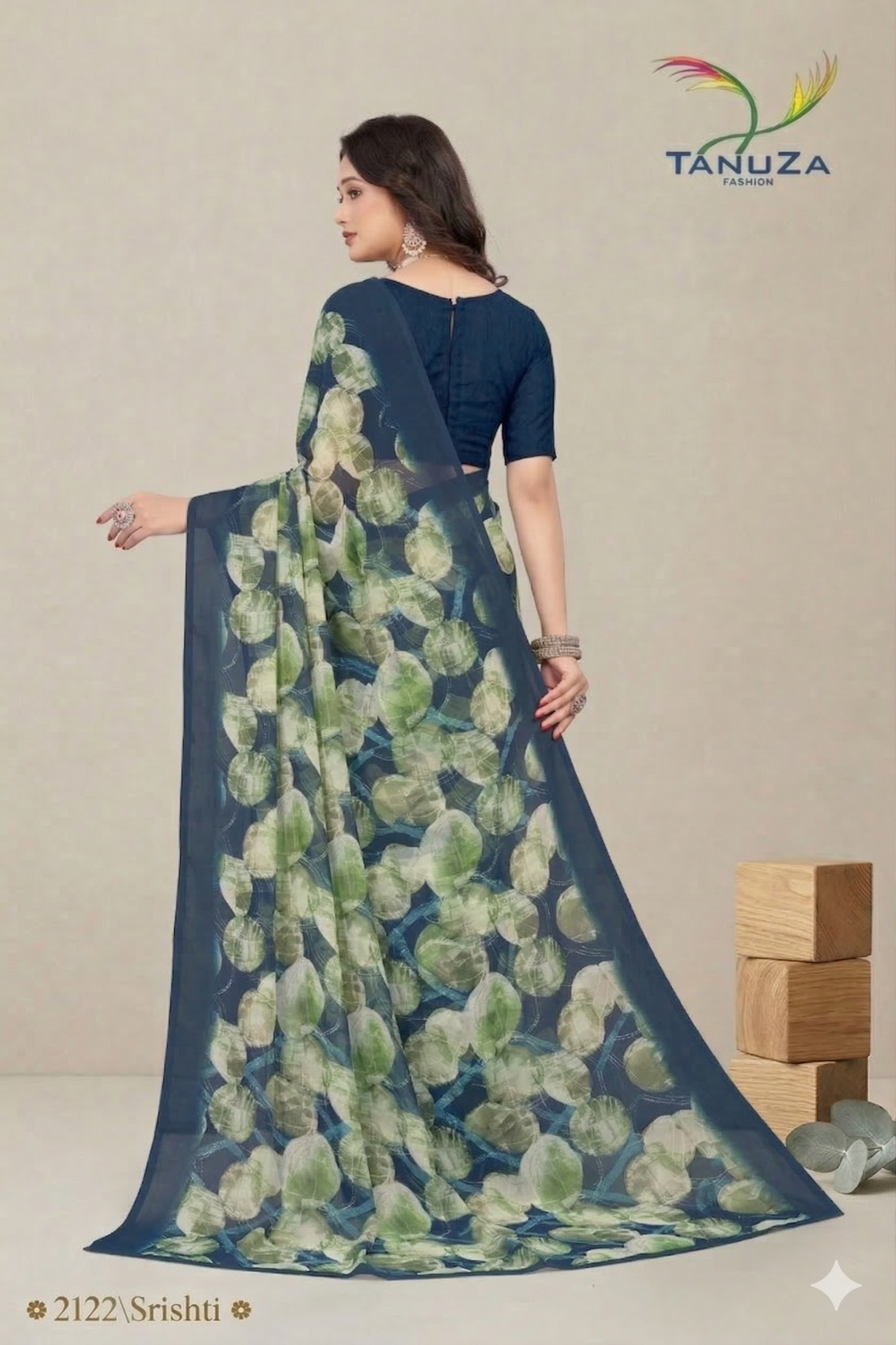 Shristi Designer Printed Saree – Elegant Navy Blue Party Wear Saree