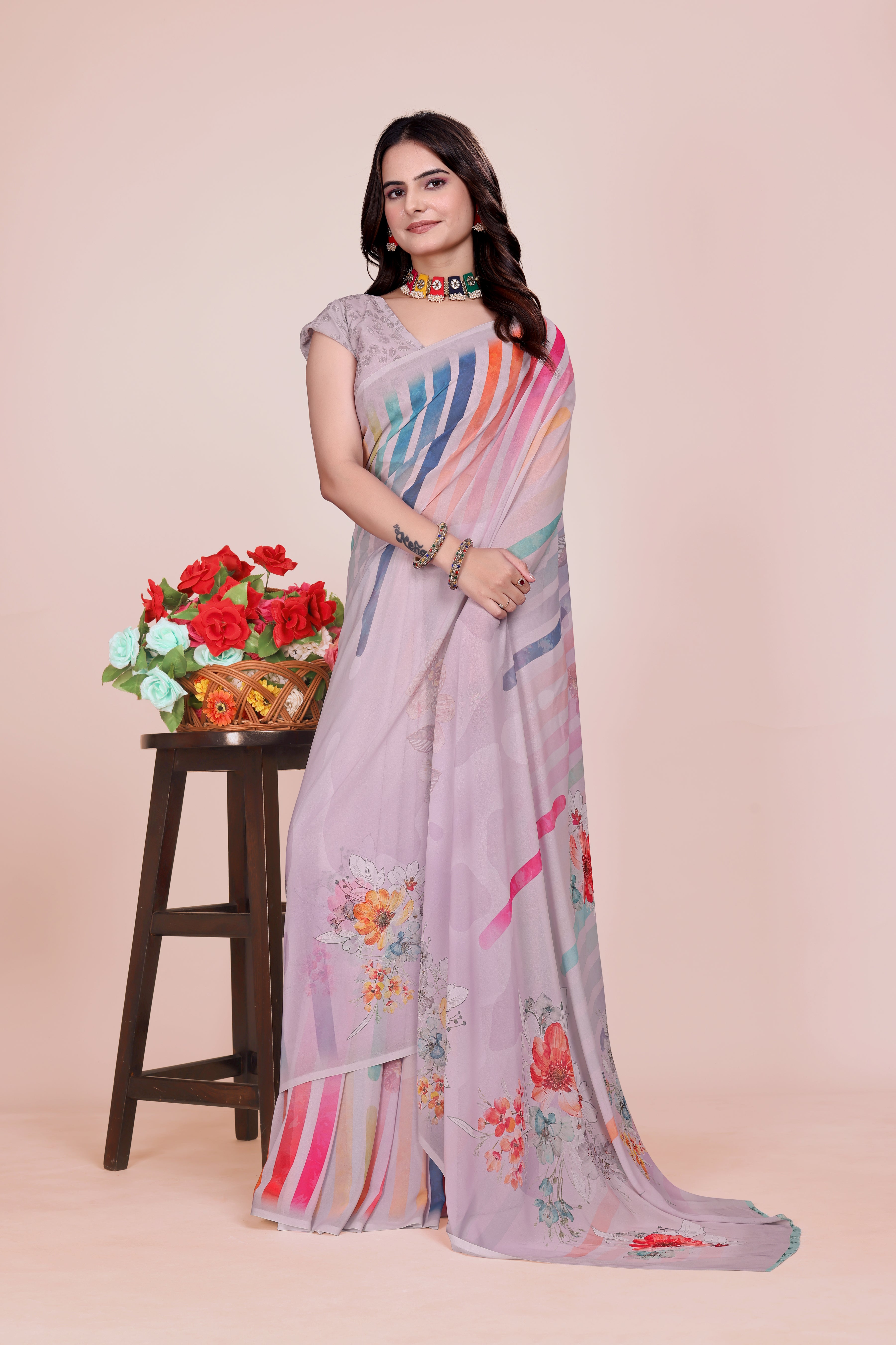 Babes Pink Lehariya Weightless Milli Saree