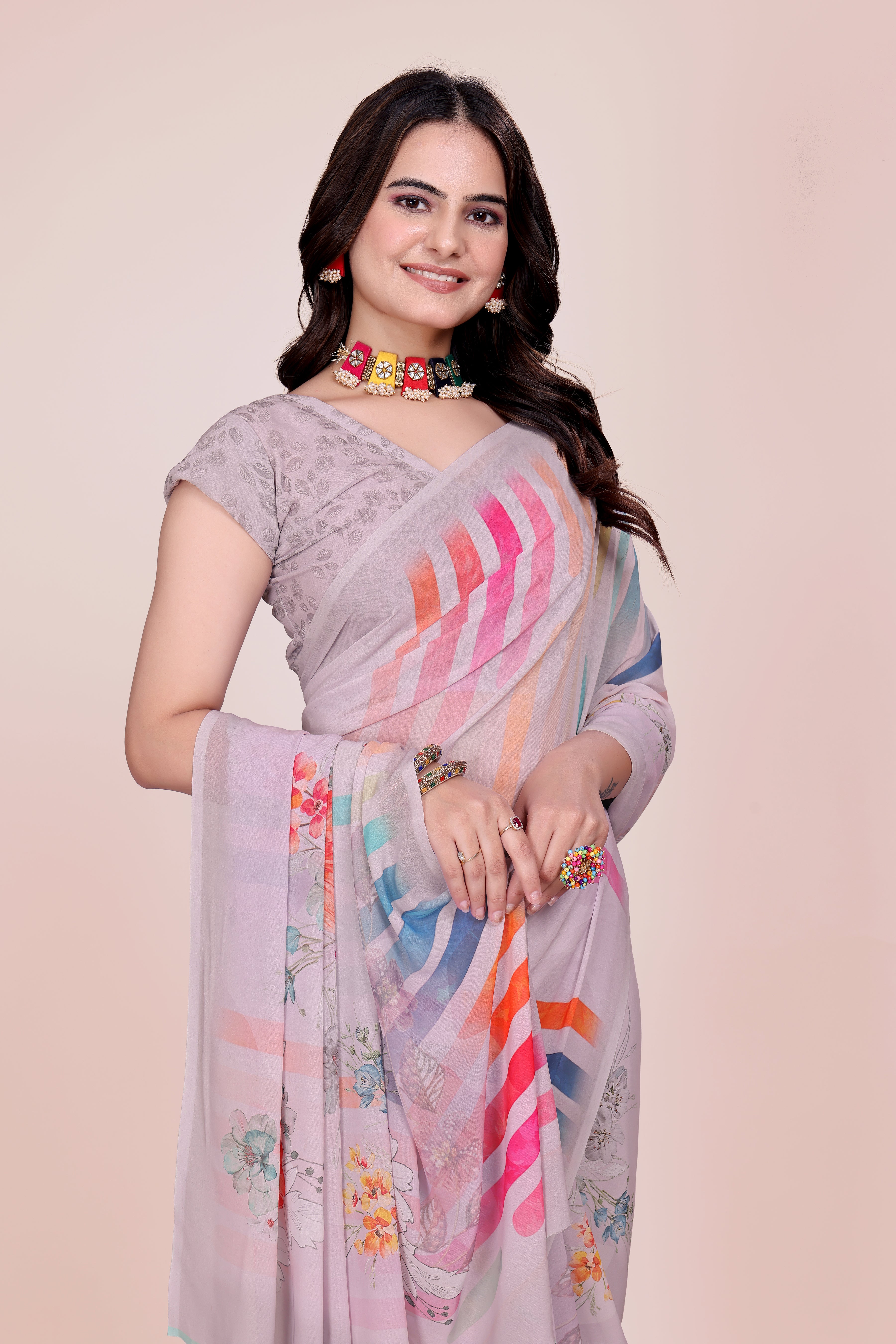 Babes Pink Lehariya Weightless Milli Saree