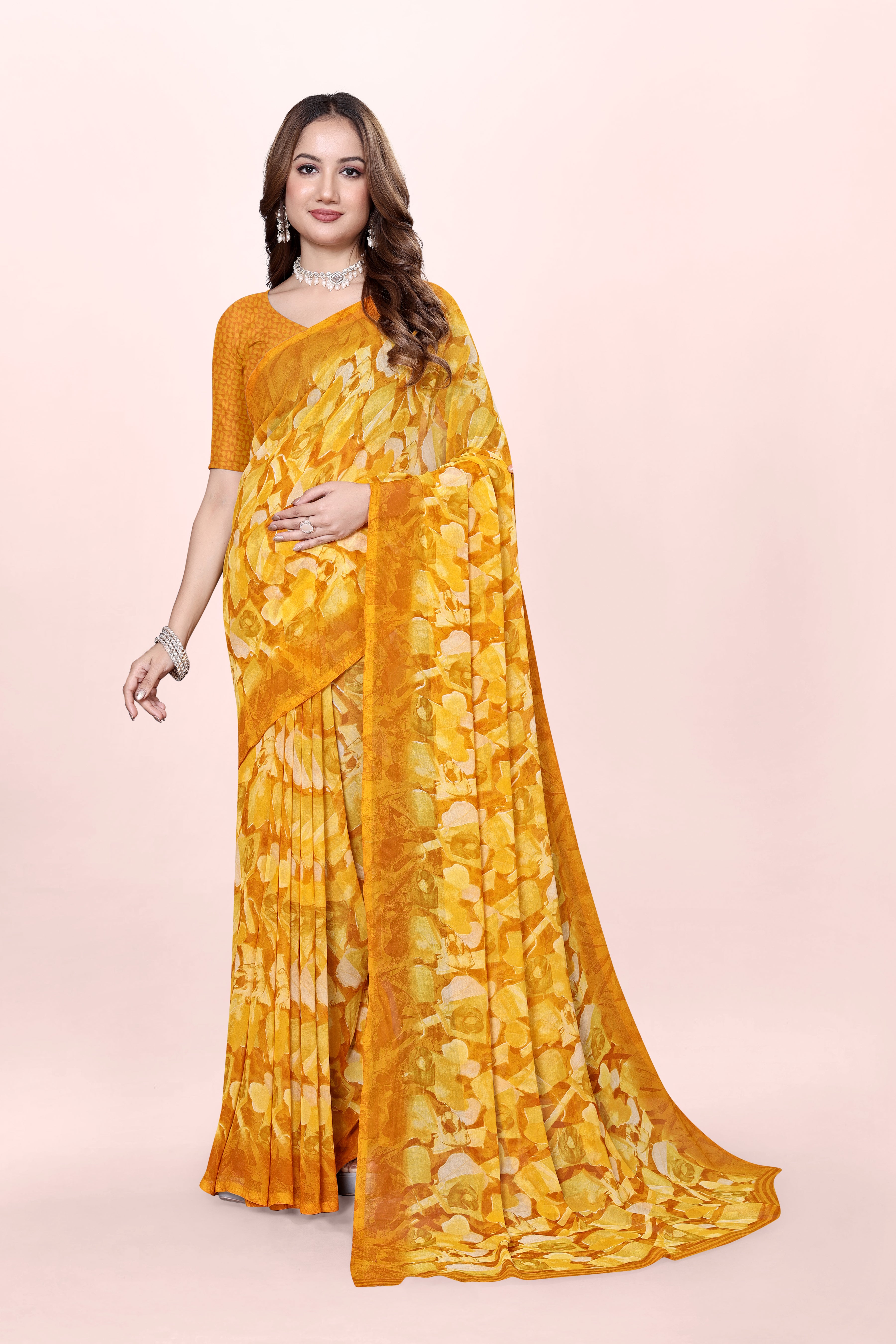 Haldi Yellow Floral Printed Srishti Georgette Saree