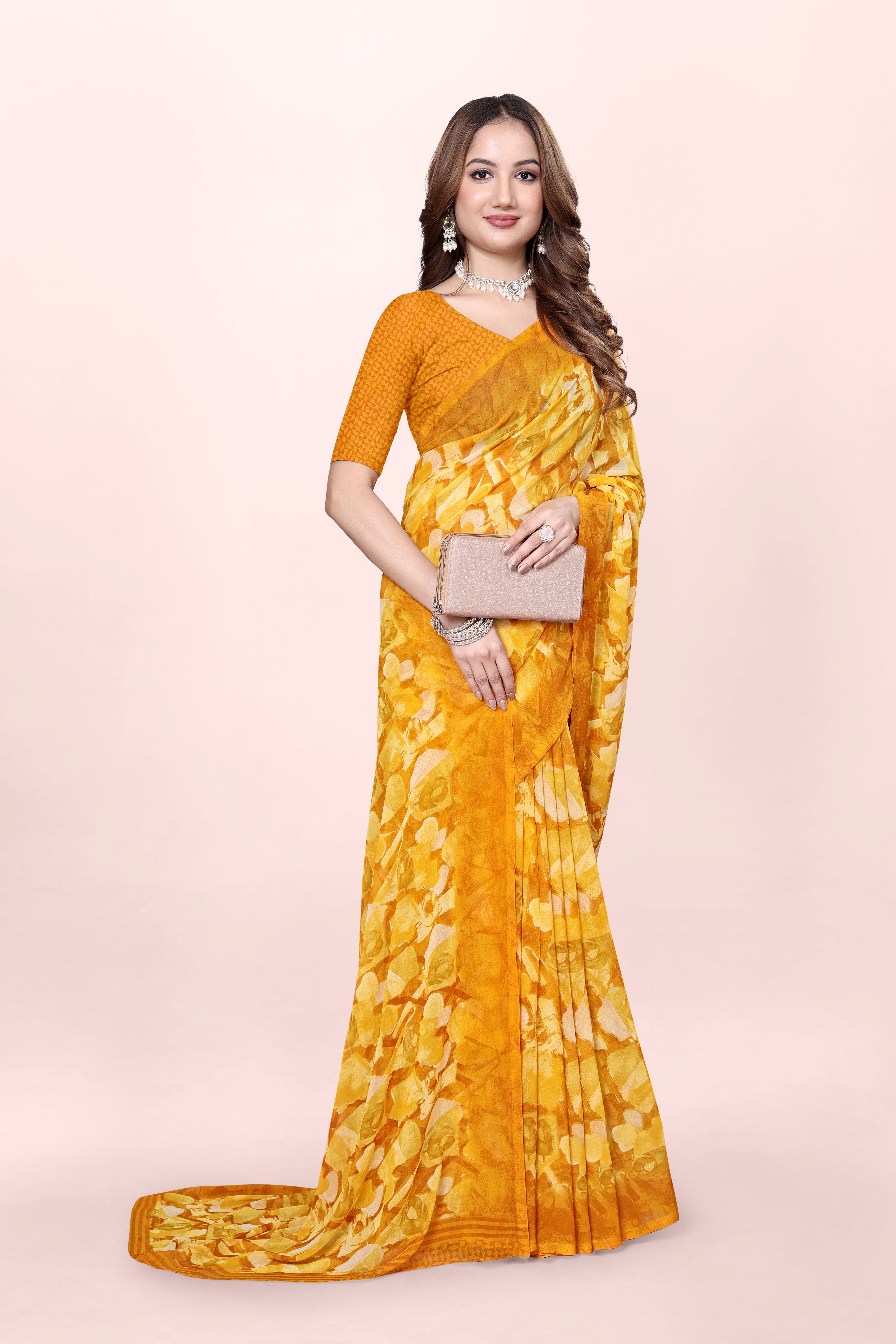 Haldi Yellow Floral Printed Srishti Georgette Saree