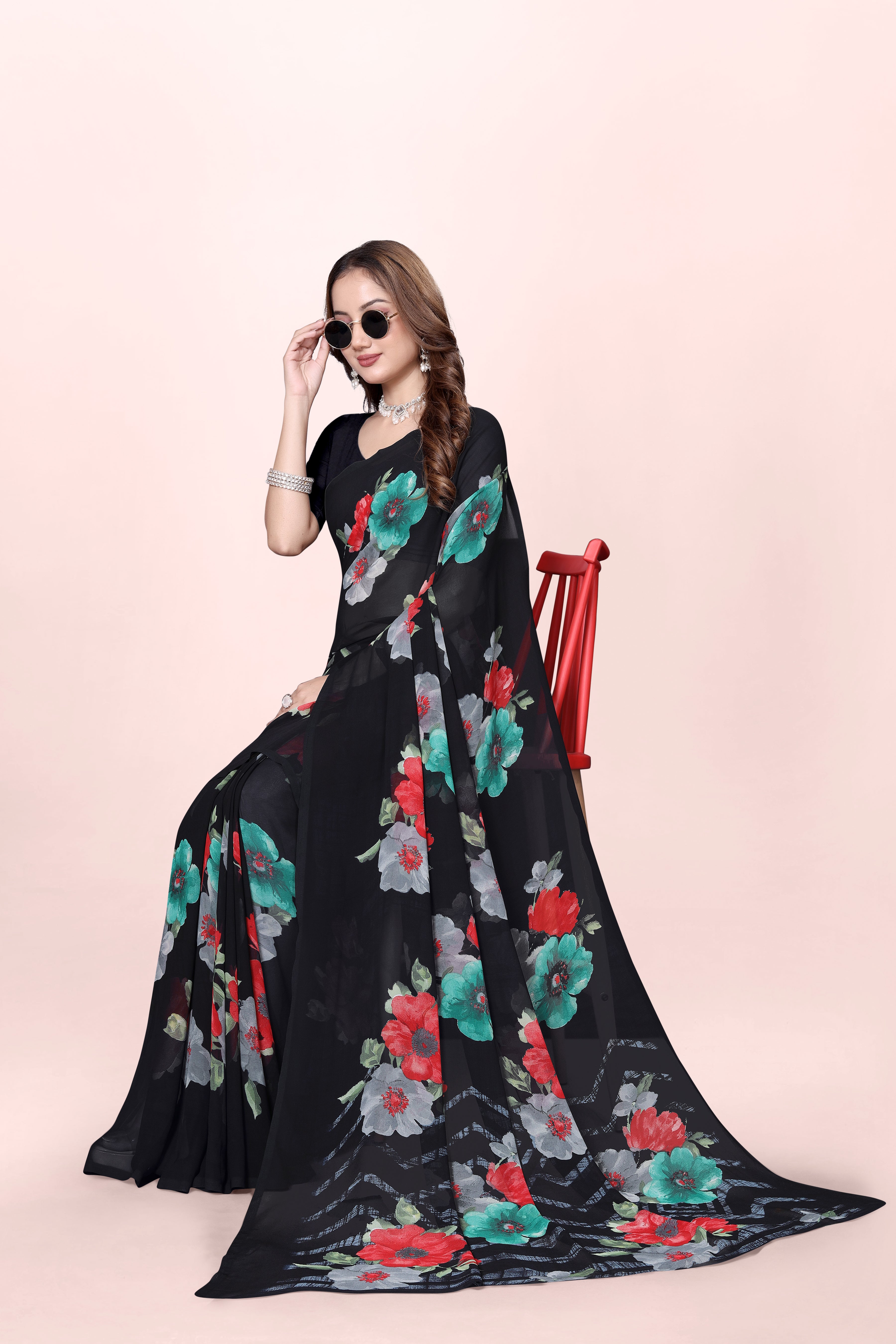 Navy Blue Floral Printed Srishti Georgette Saree