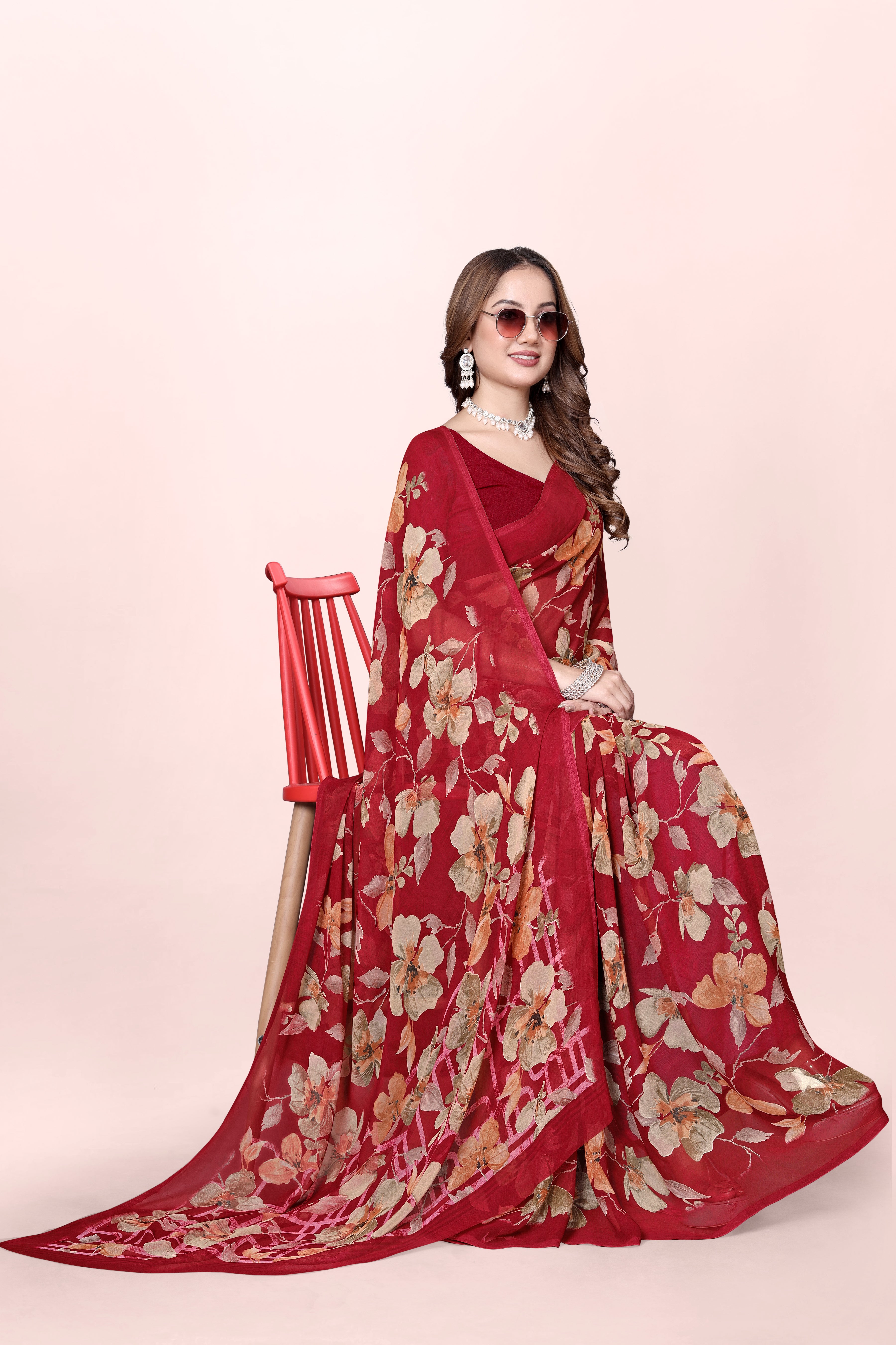 Maroon Floral Printed Srishti Georgette Saree