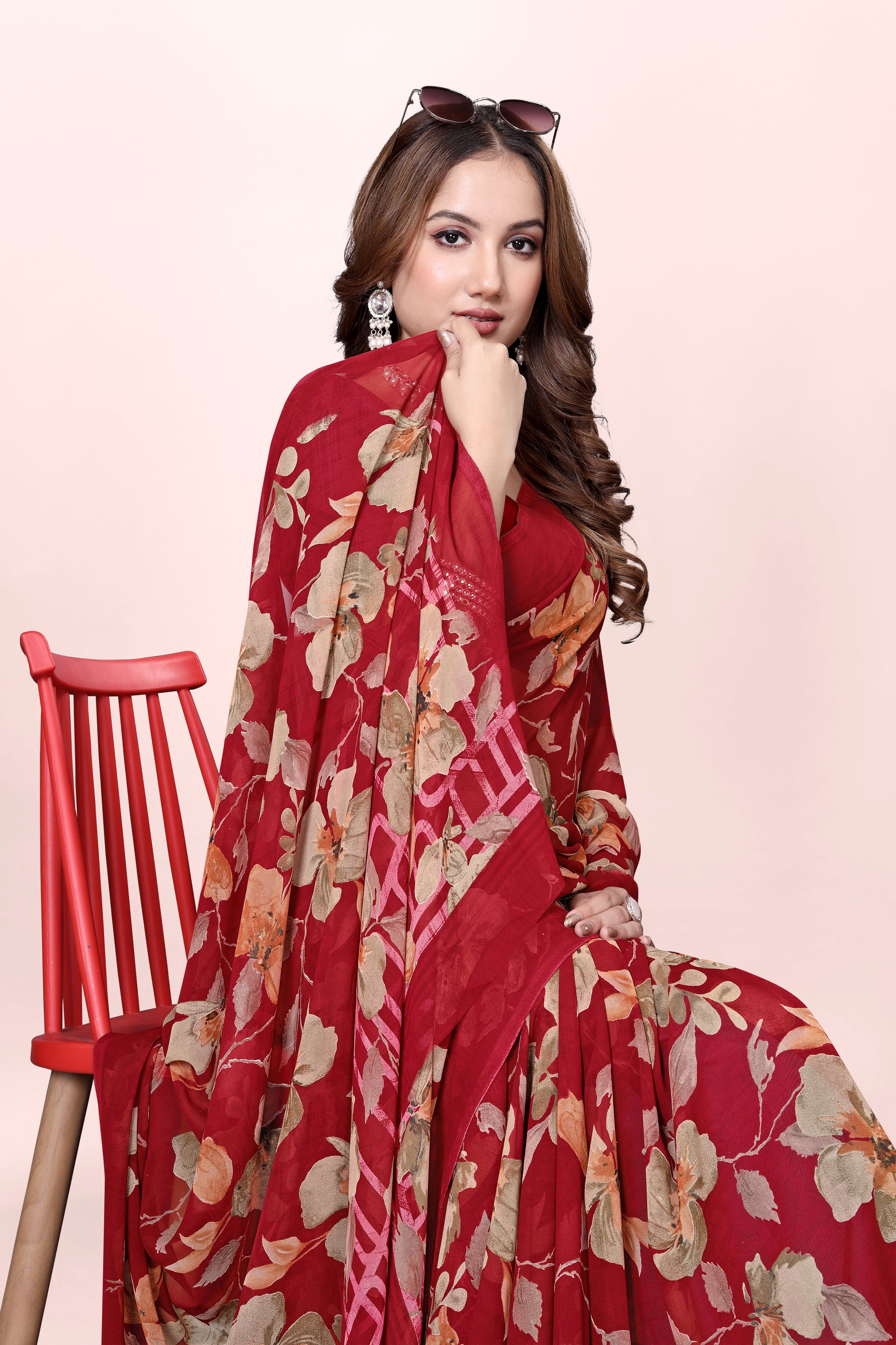 Maroon Floral Printed Srishti Georgette Saree
