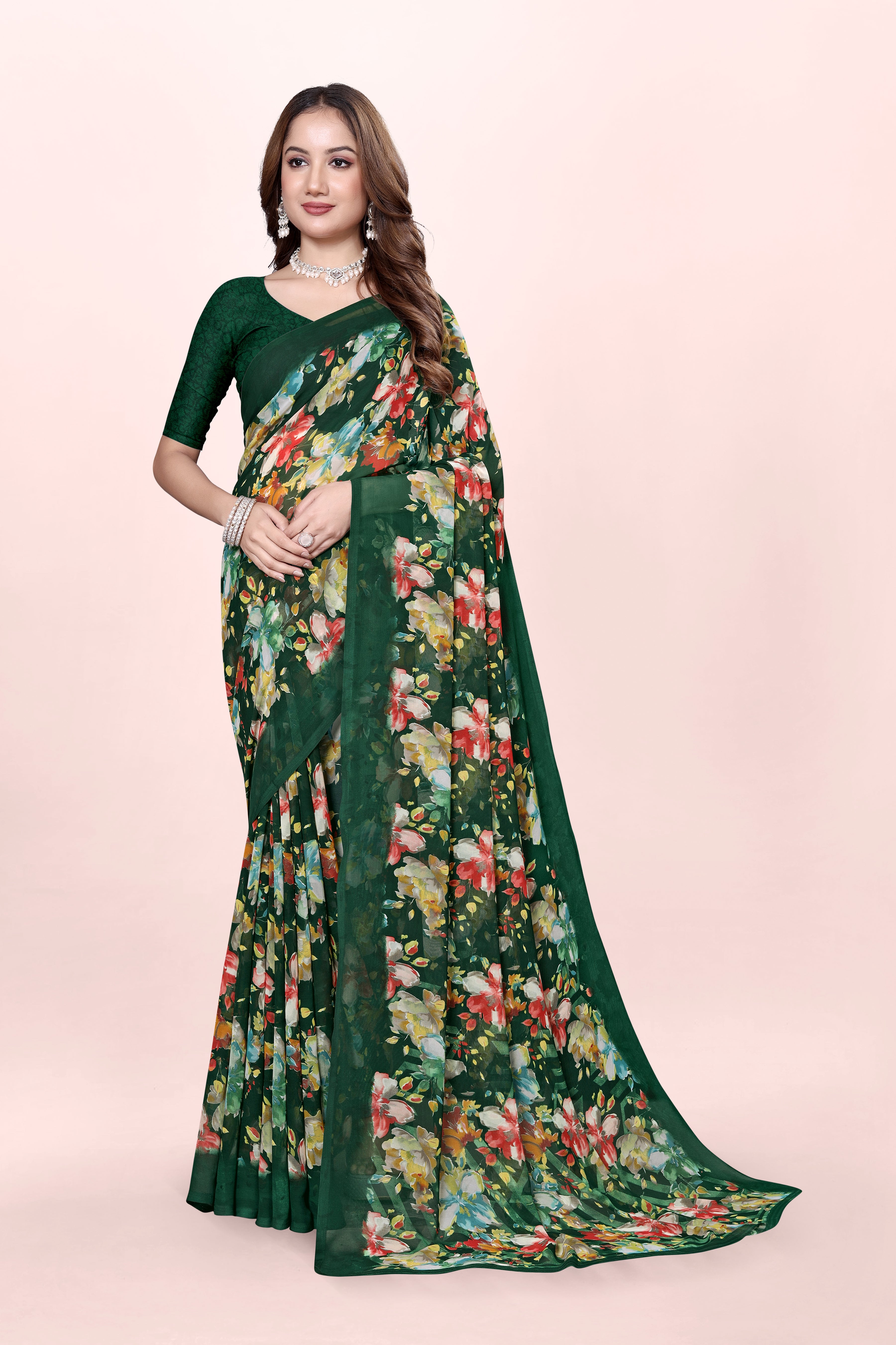 Dark Green Floral Printed Srishti Georgette Saree