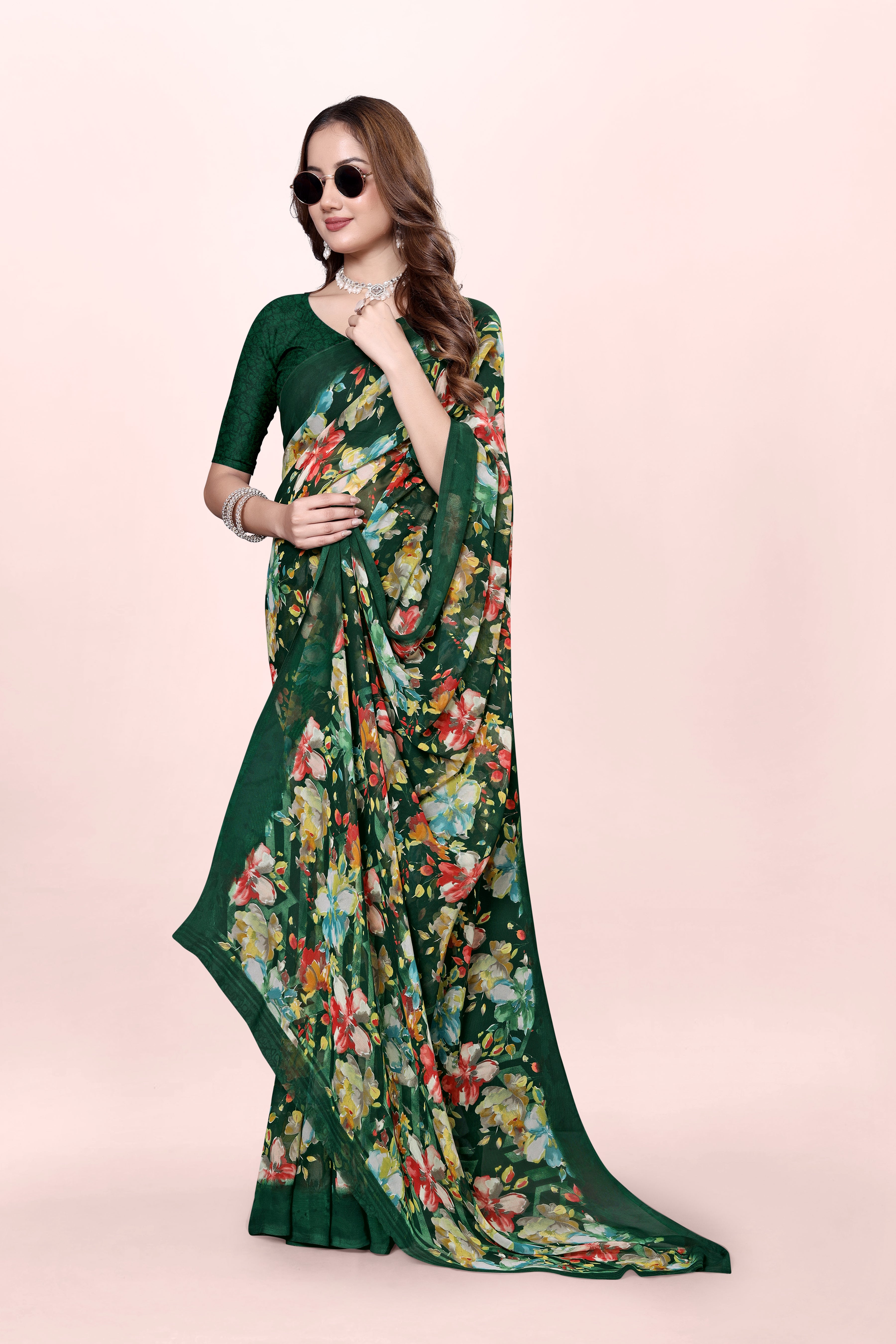 Dark Green Floral Printed Srishti Georgette Saree
