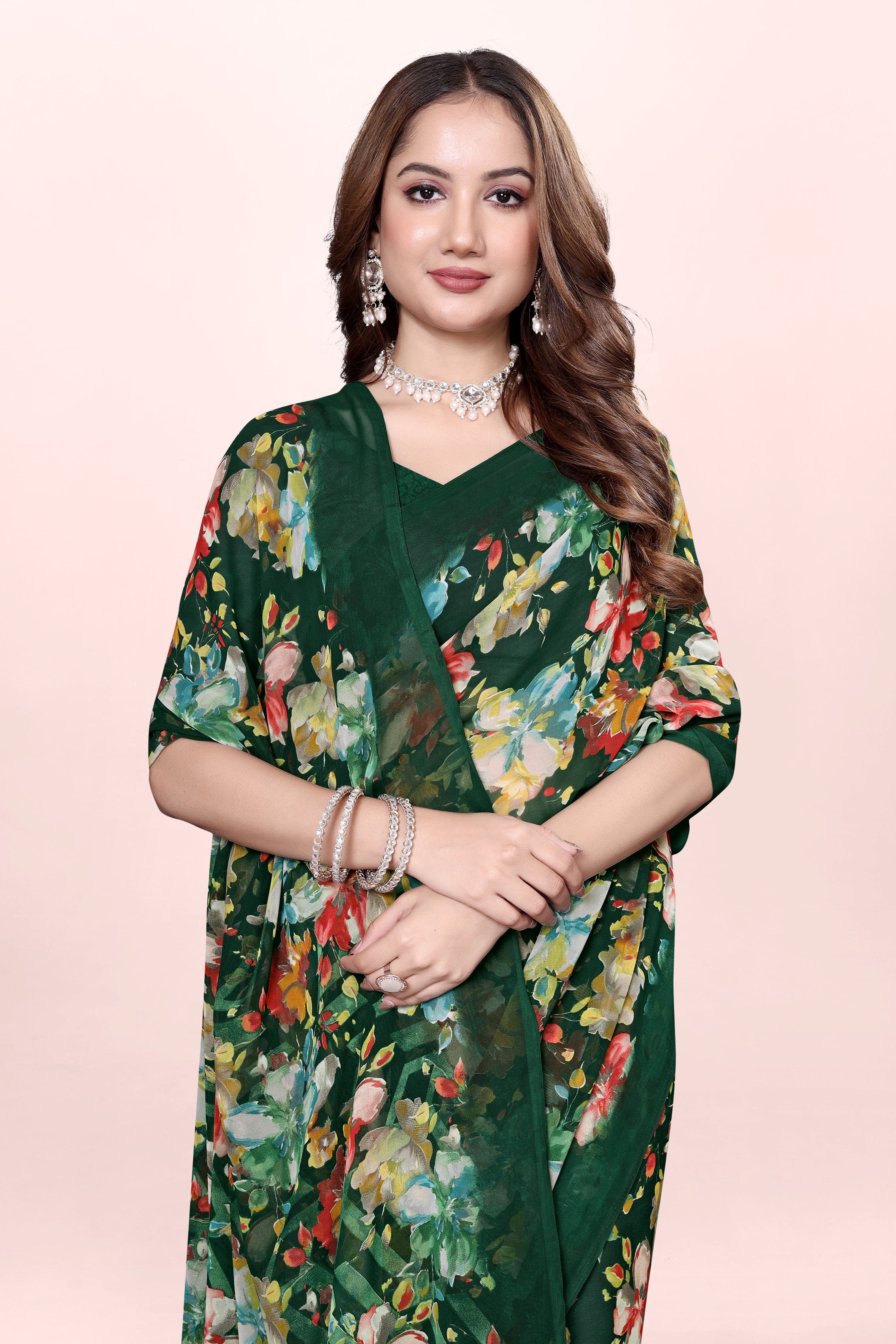 Dark Green Floral Printed Srishti Georgette Saree