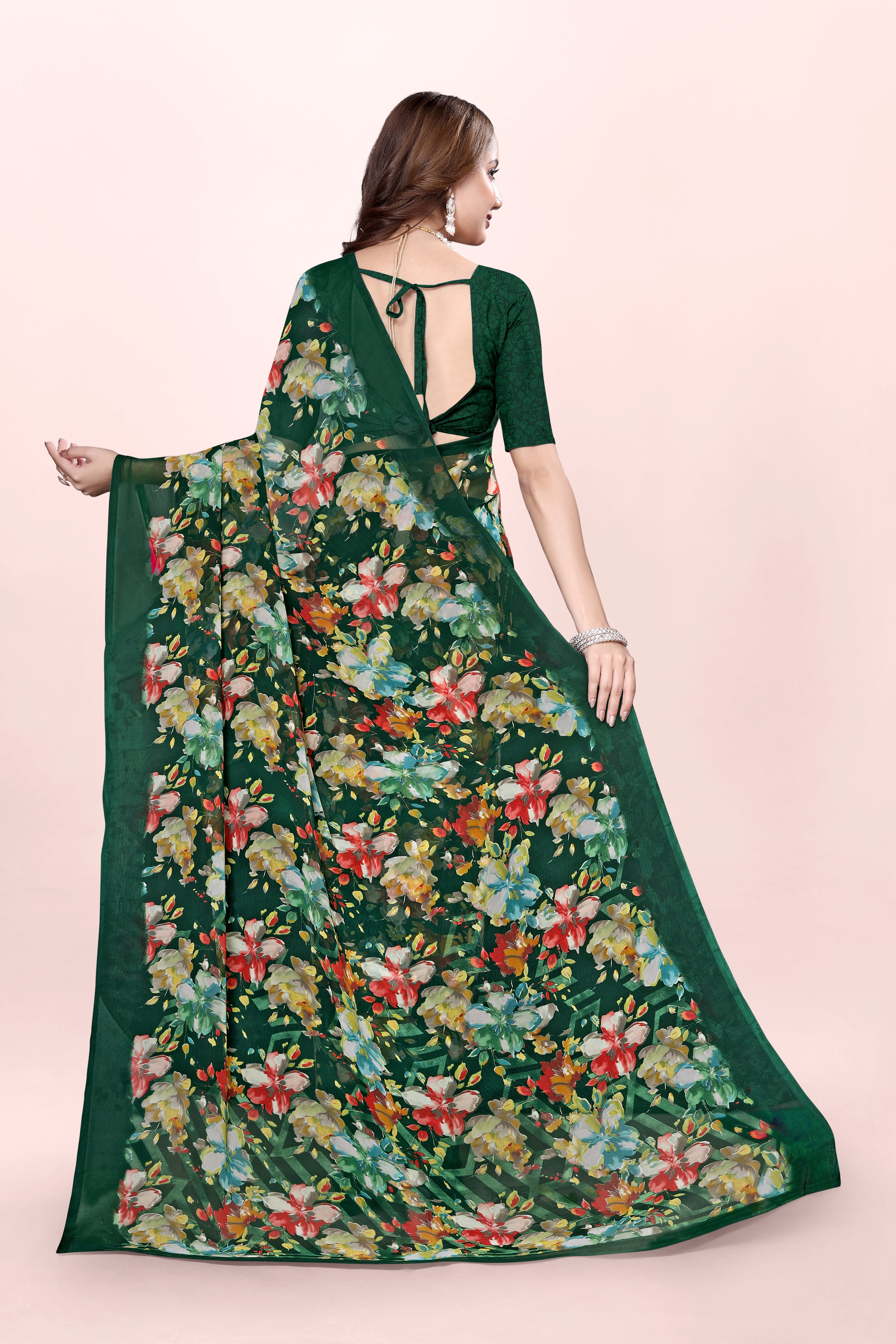 Dark Green Floral Printed Srishti Georgette Saree