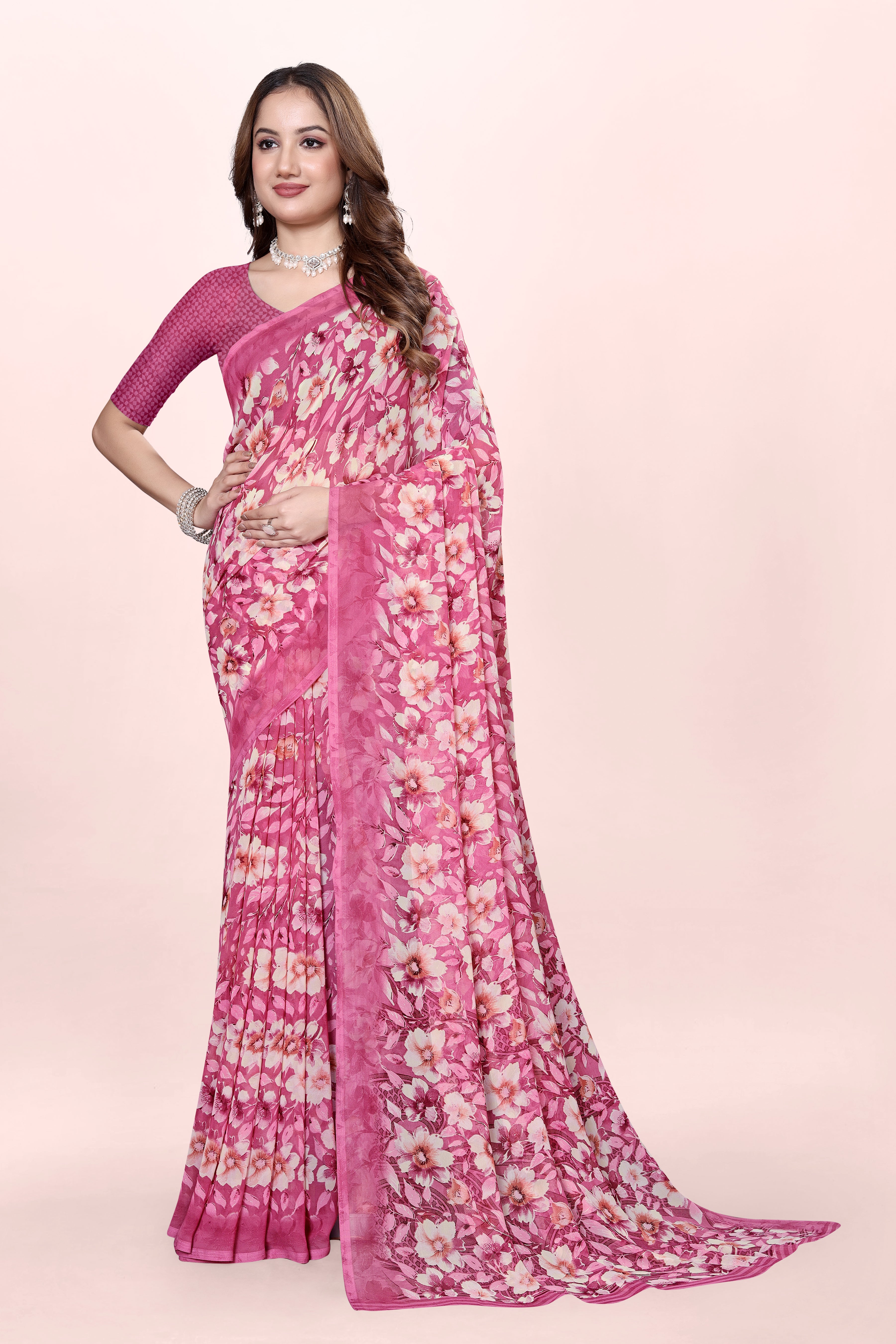 Baby Pink Floral Printed Srishti Georgette Saree