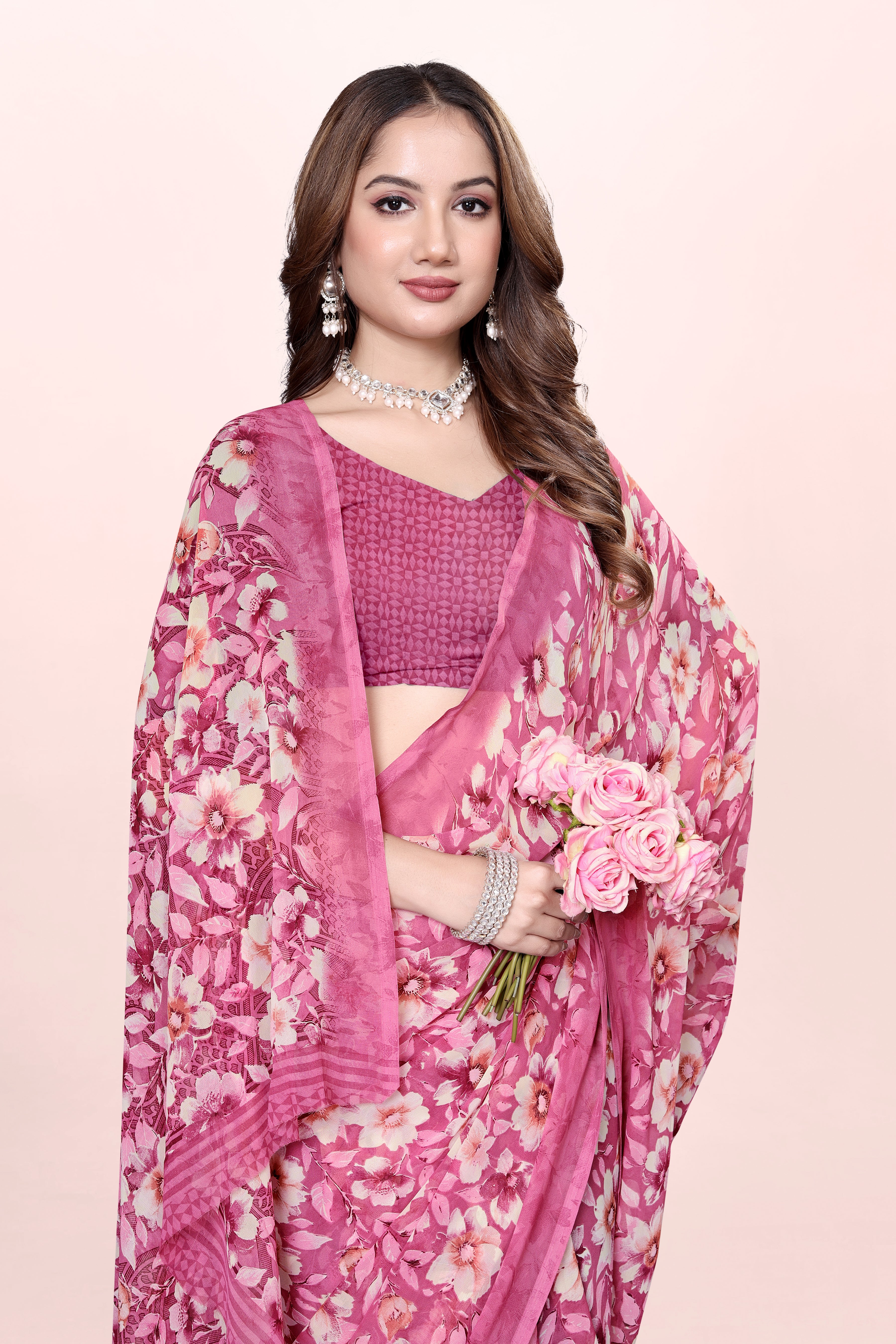 Baby Pink Floral Printed Srishti Georgette Saree