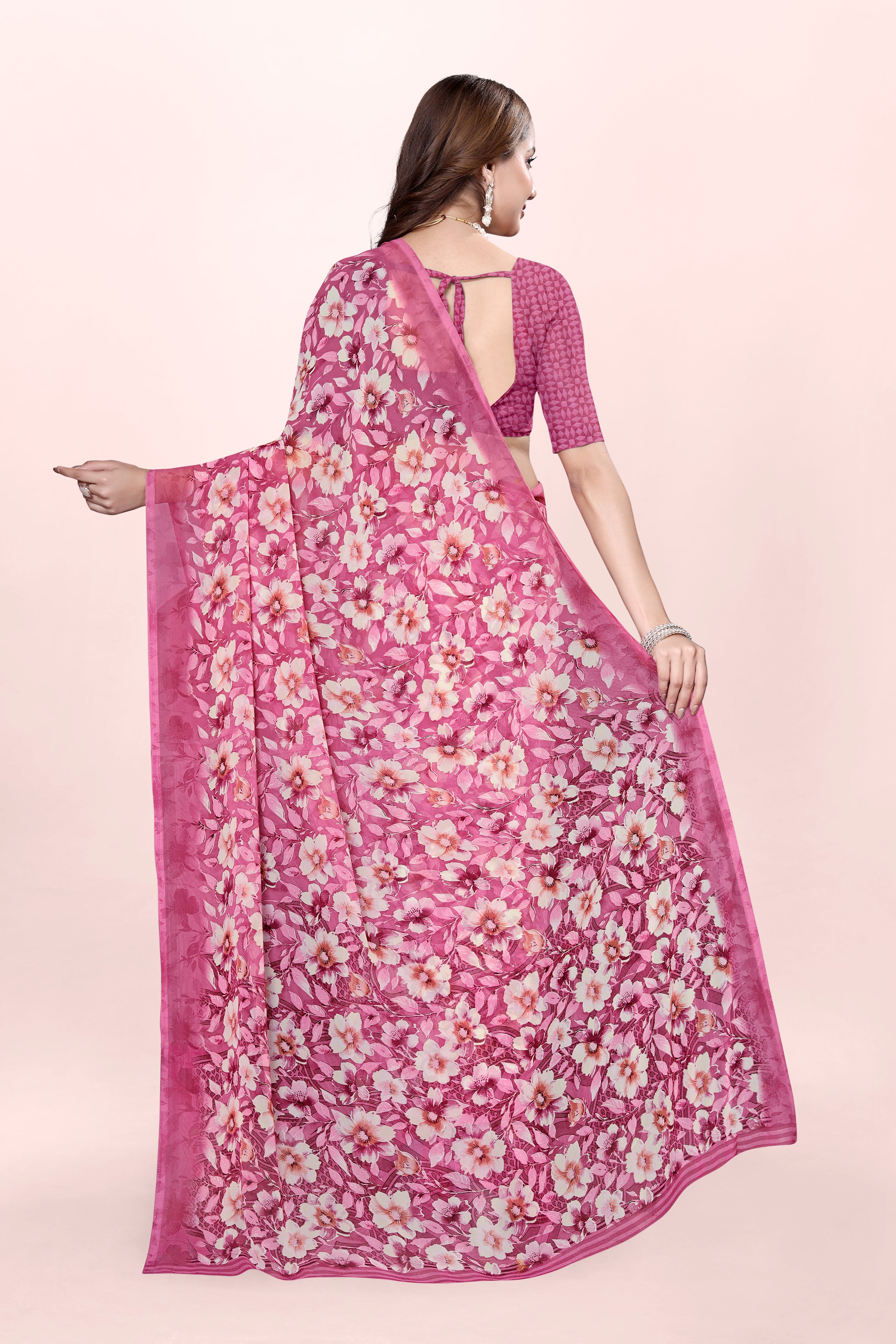 Baby Pink Floral Printed Srishti Georgette Saree