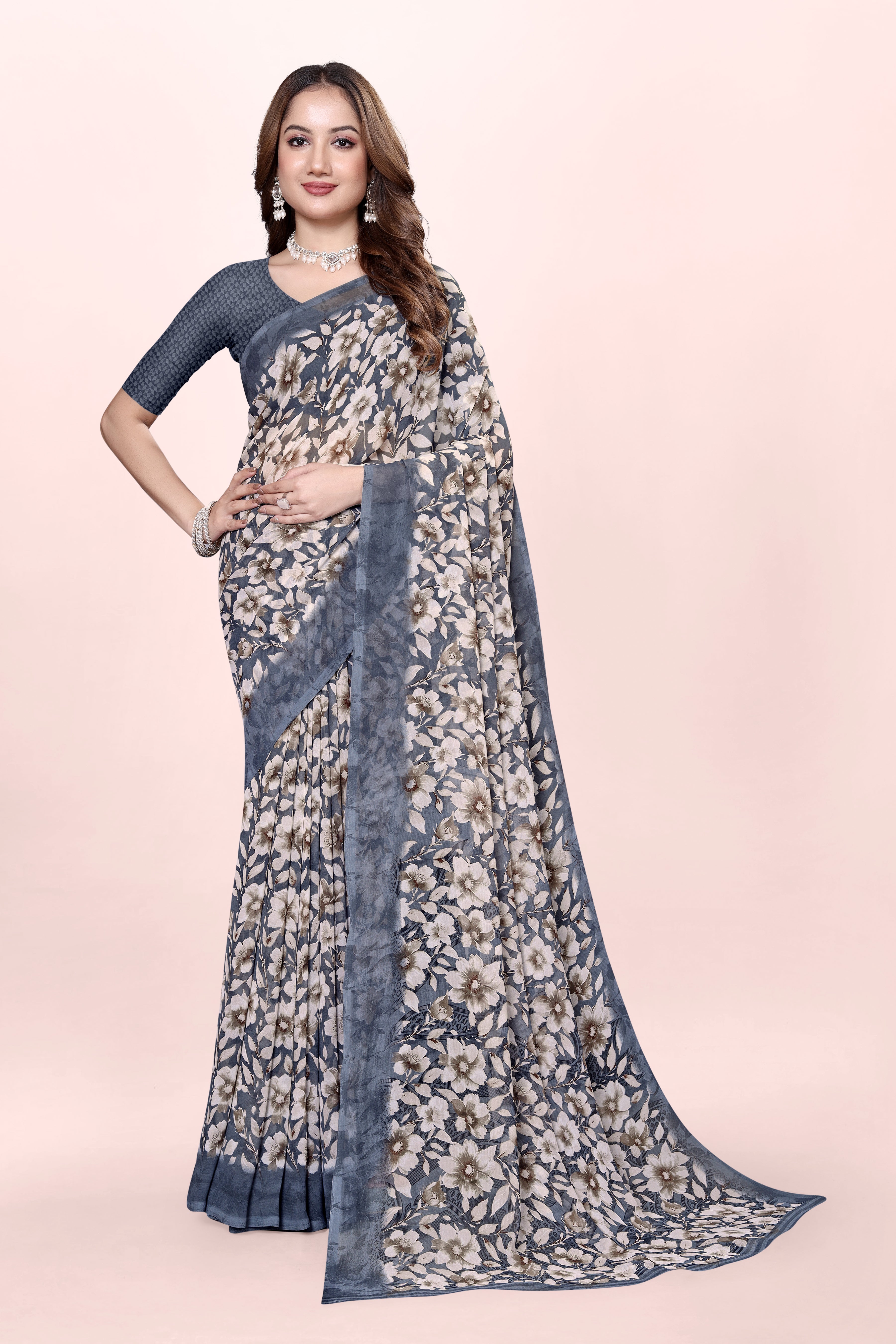 Greyish Floral Printed Srishti Georgette Saree