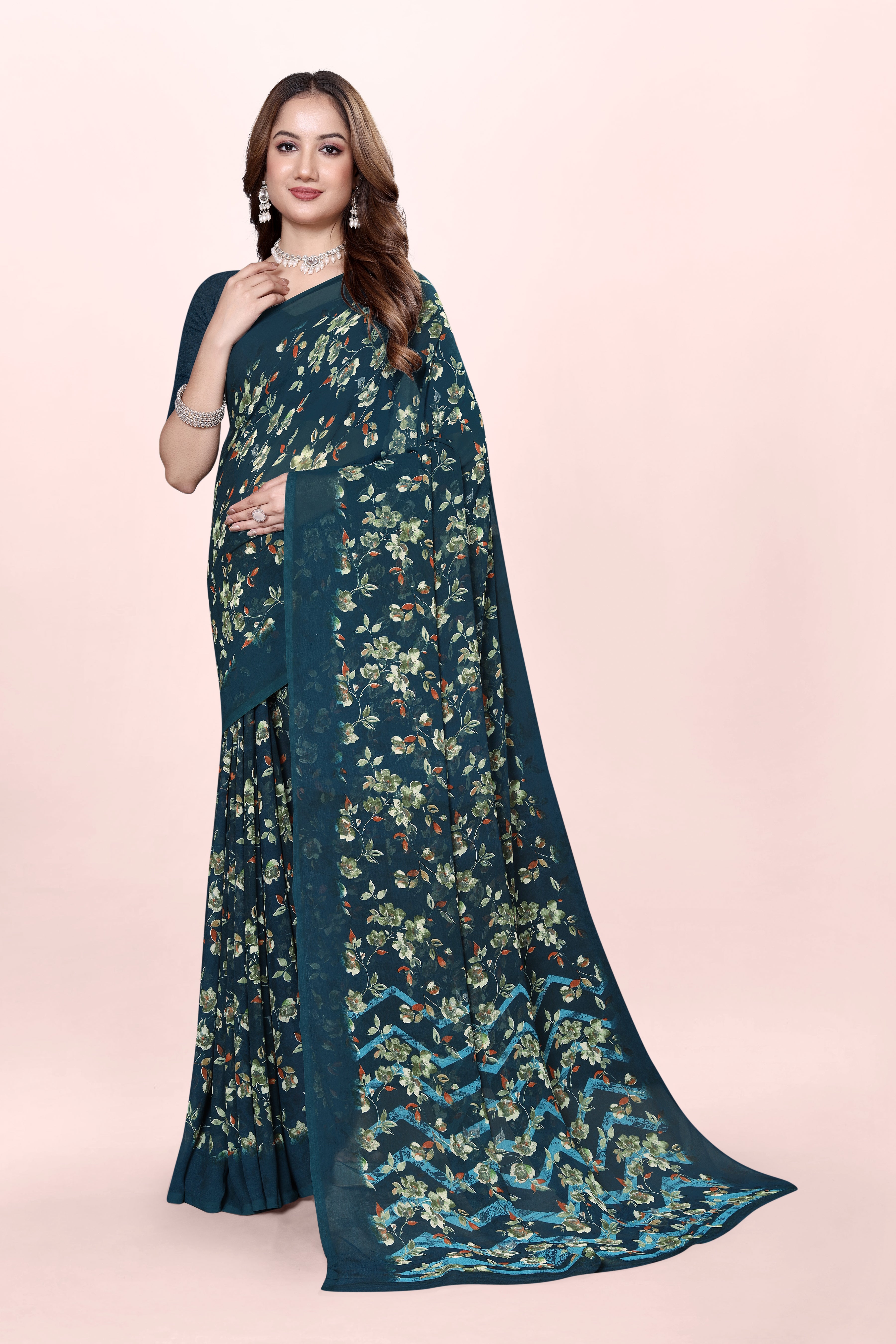 Sea Blue Floral Printed Srishti Georgette Saree