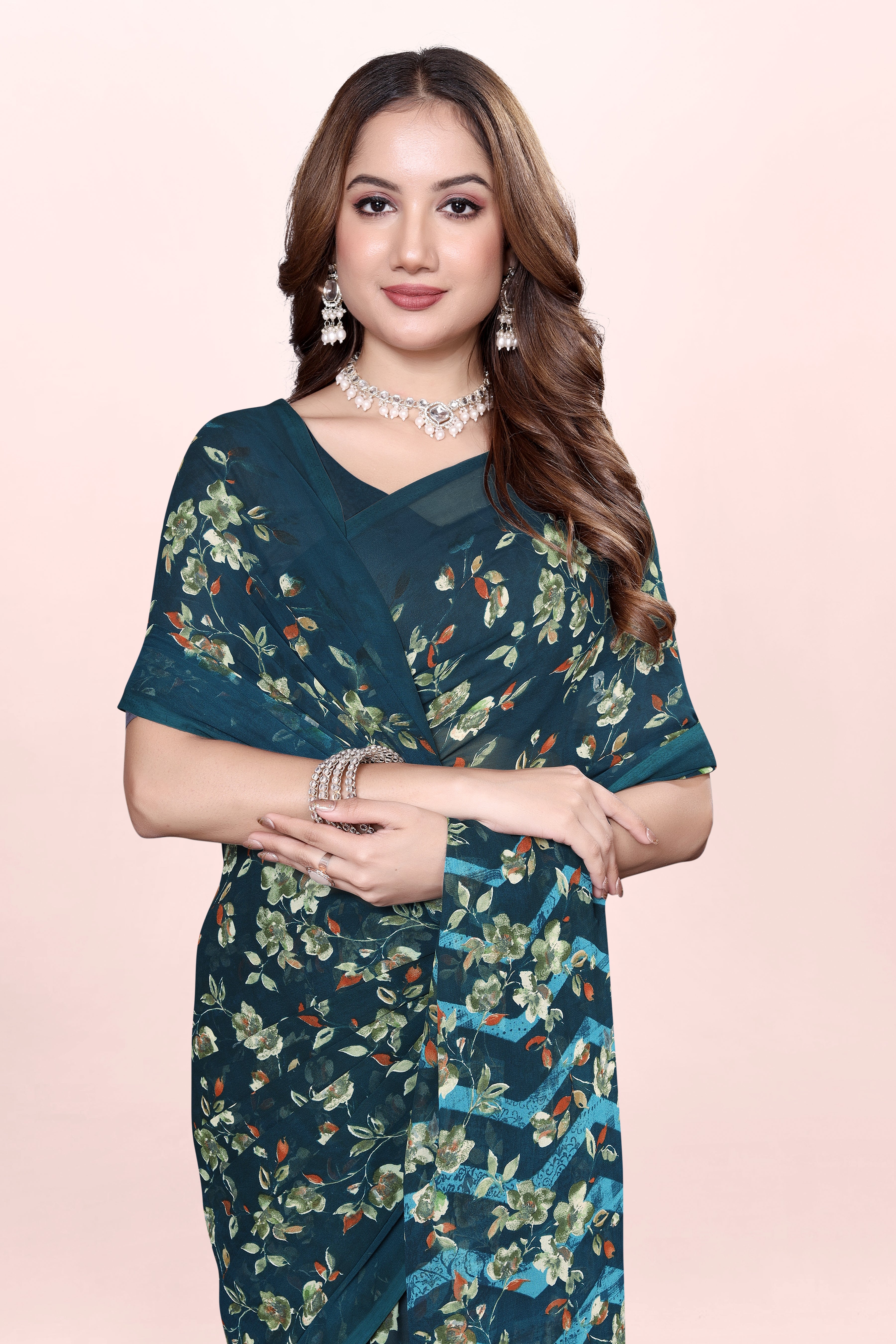 Sea Blue Floral Printed Srishti Georgette Saree