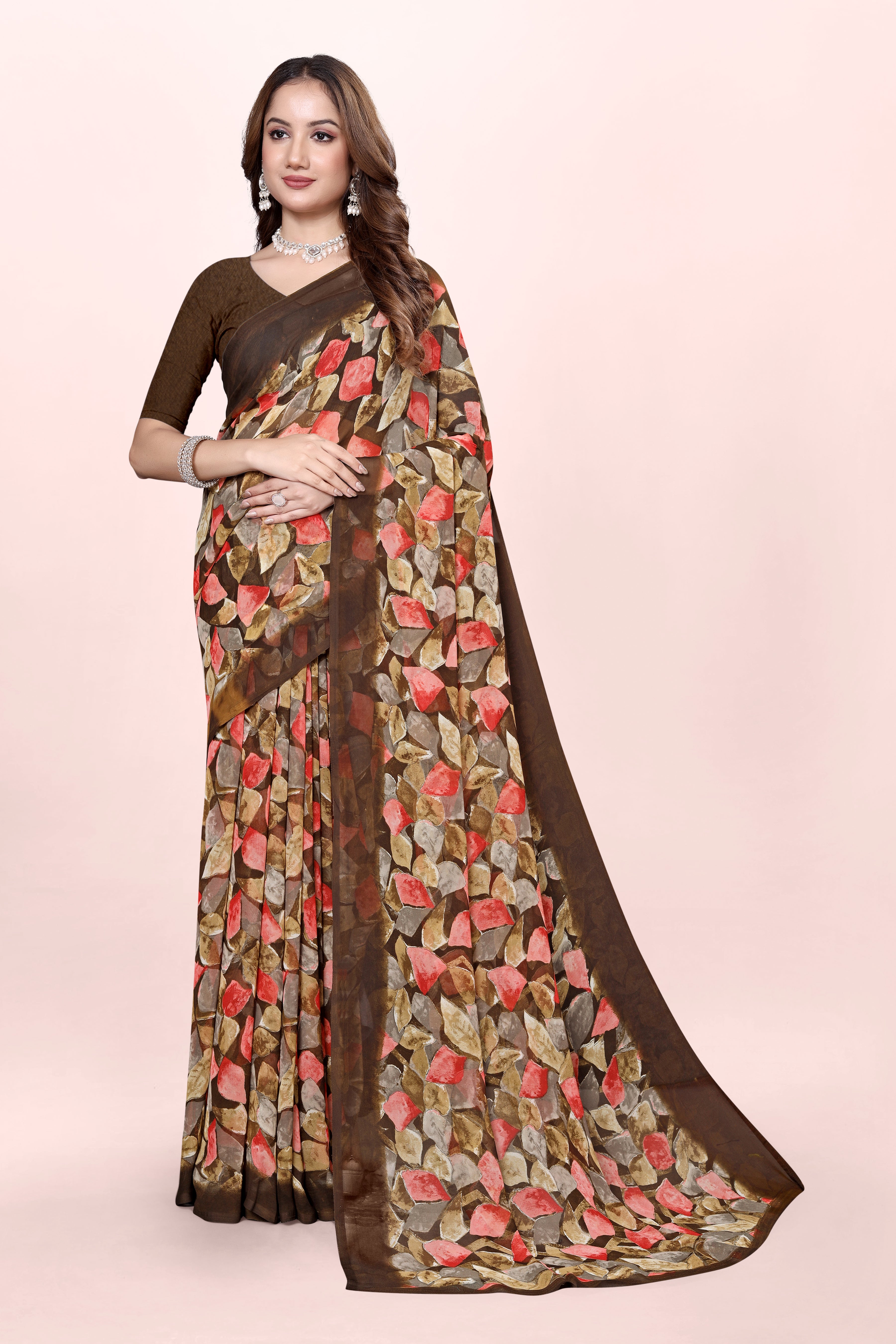 Brown Geometrical Print Srishti Georgette Saree