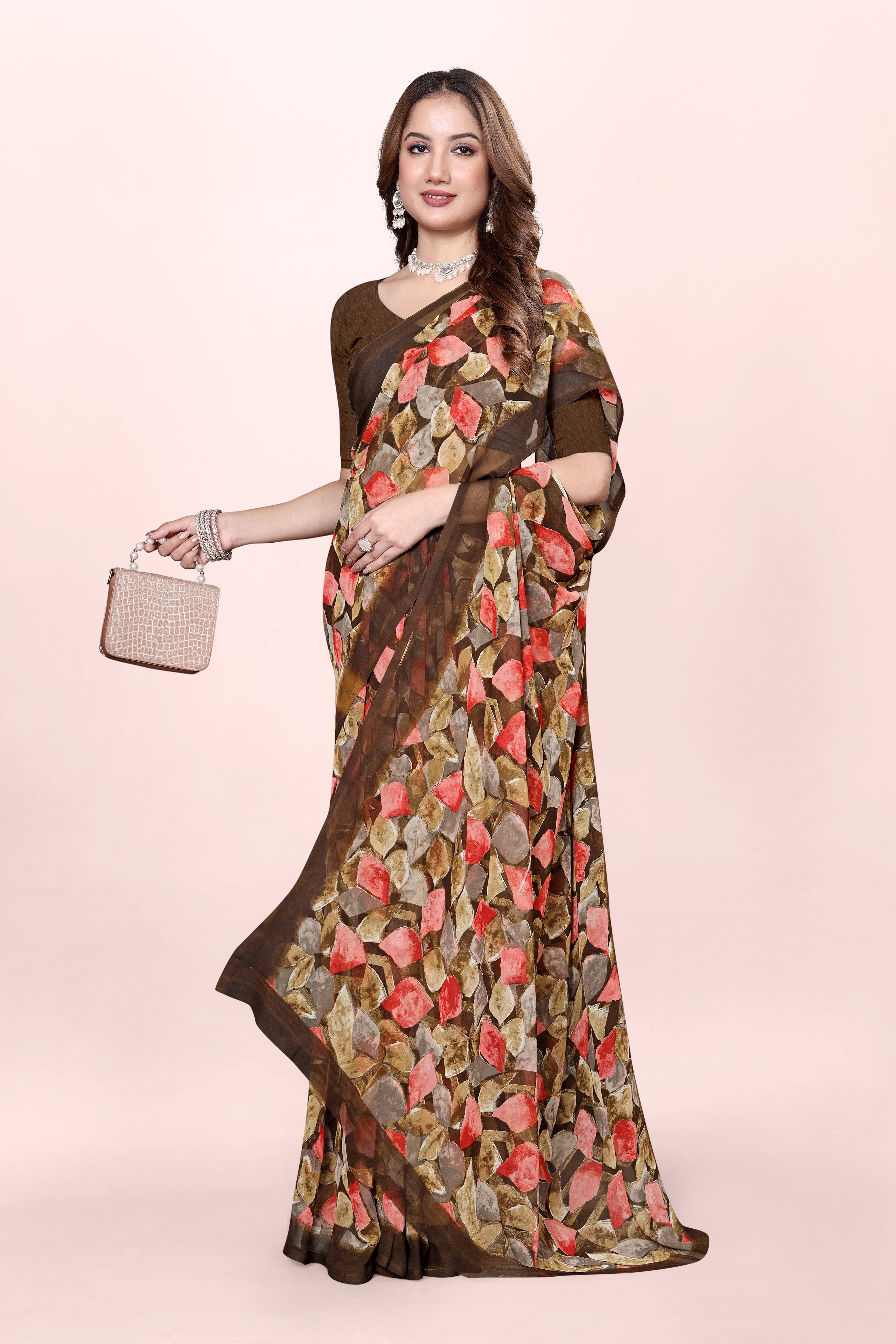Brown Geometrical Print Srishti Georgette Saree