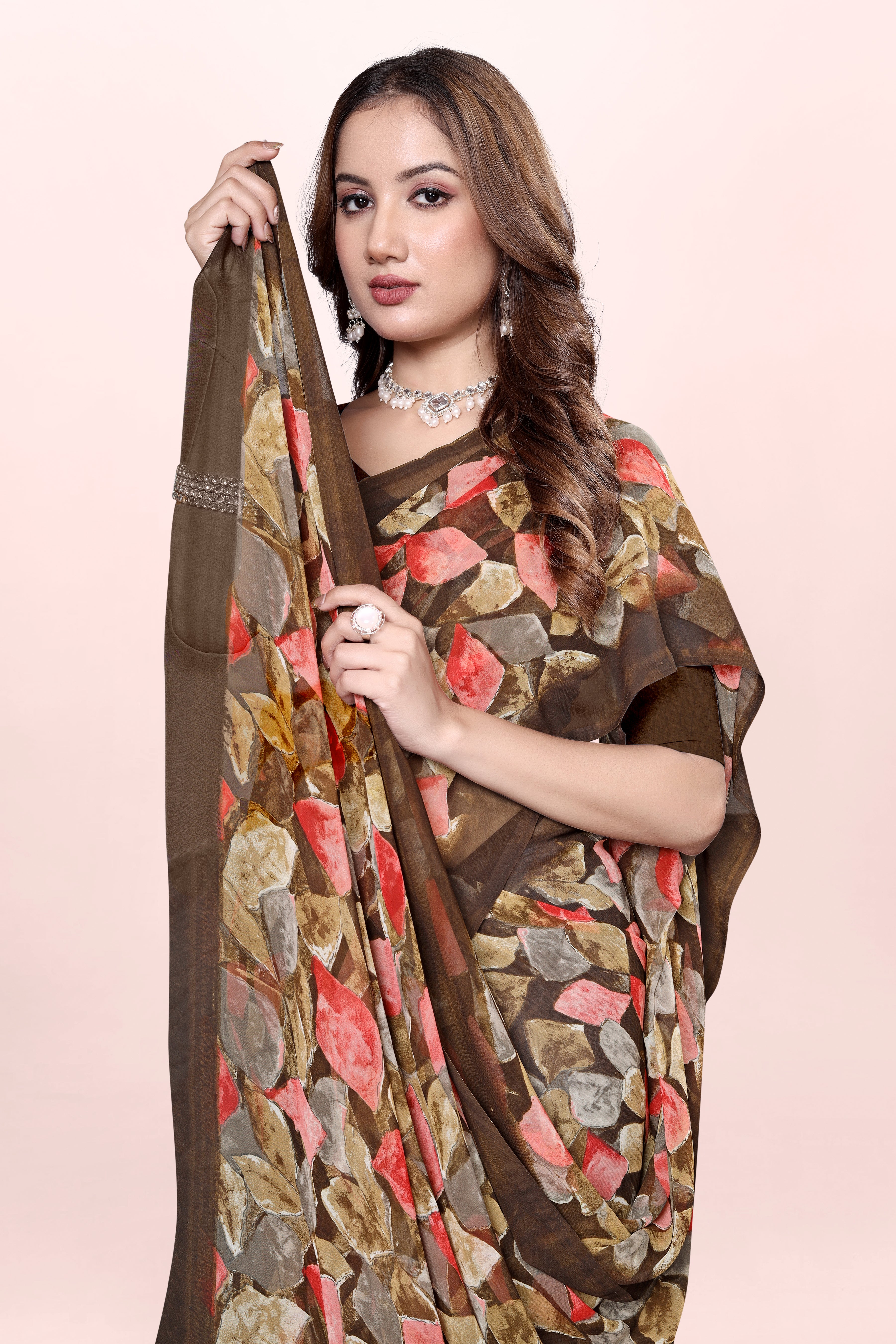 Brown Geometrical Print Srishti Georgette Saree