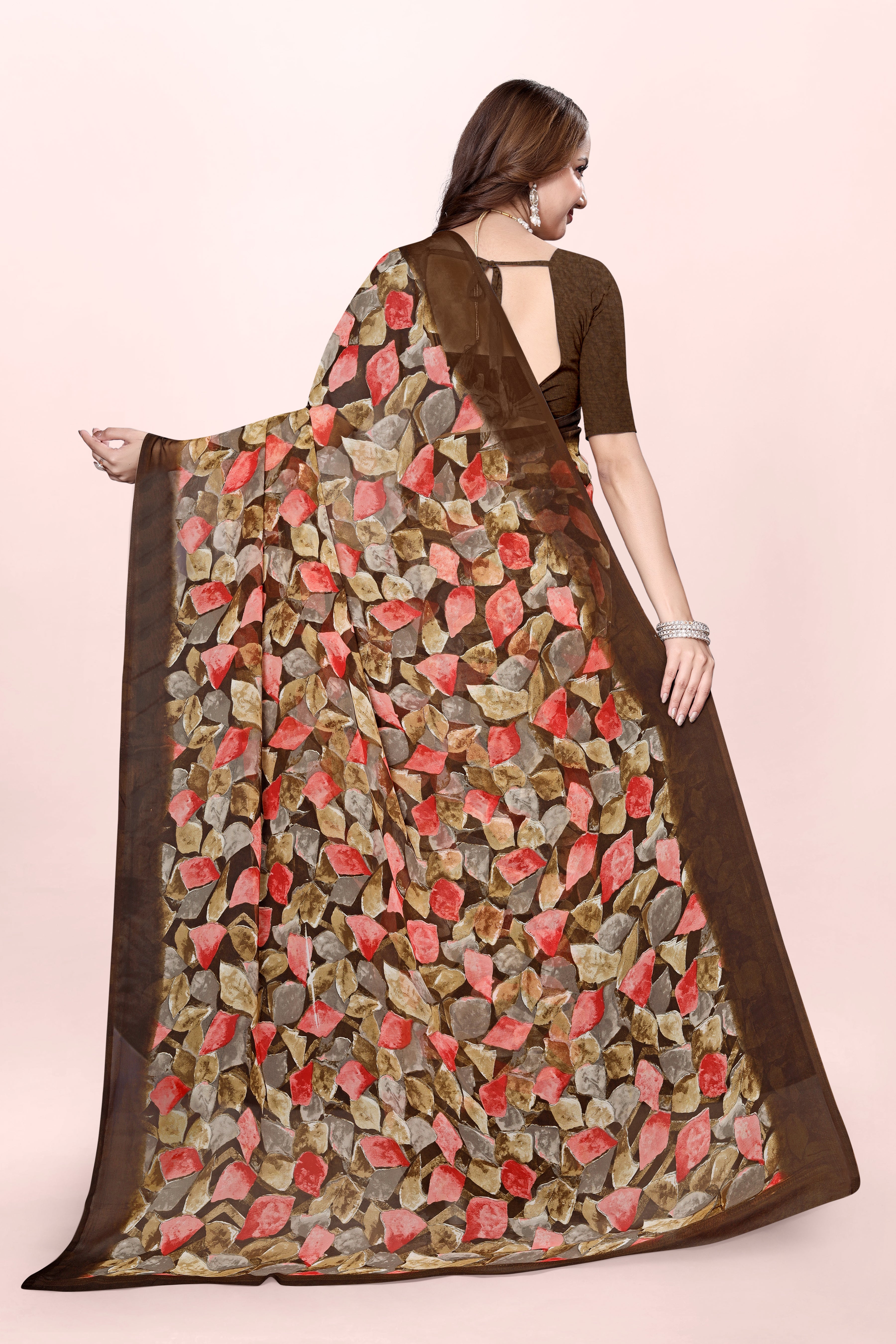 Brown Geometrical Print Srishti Georgette Saree