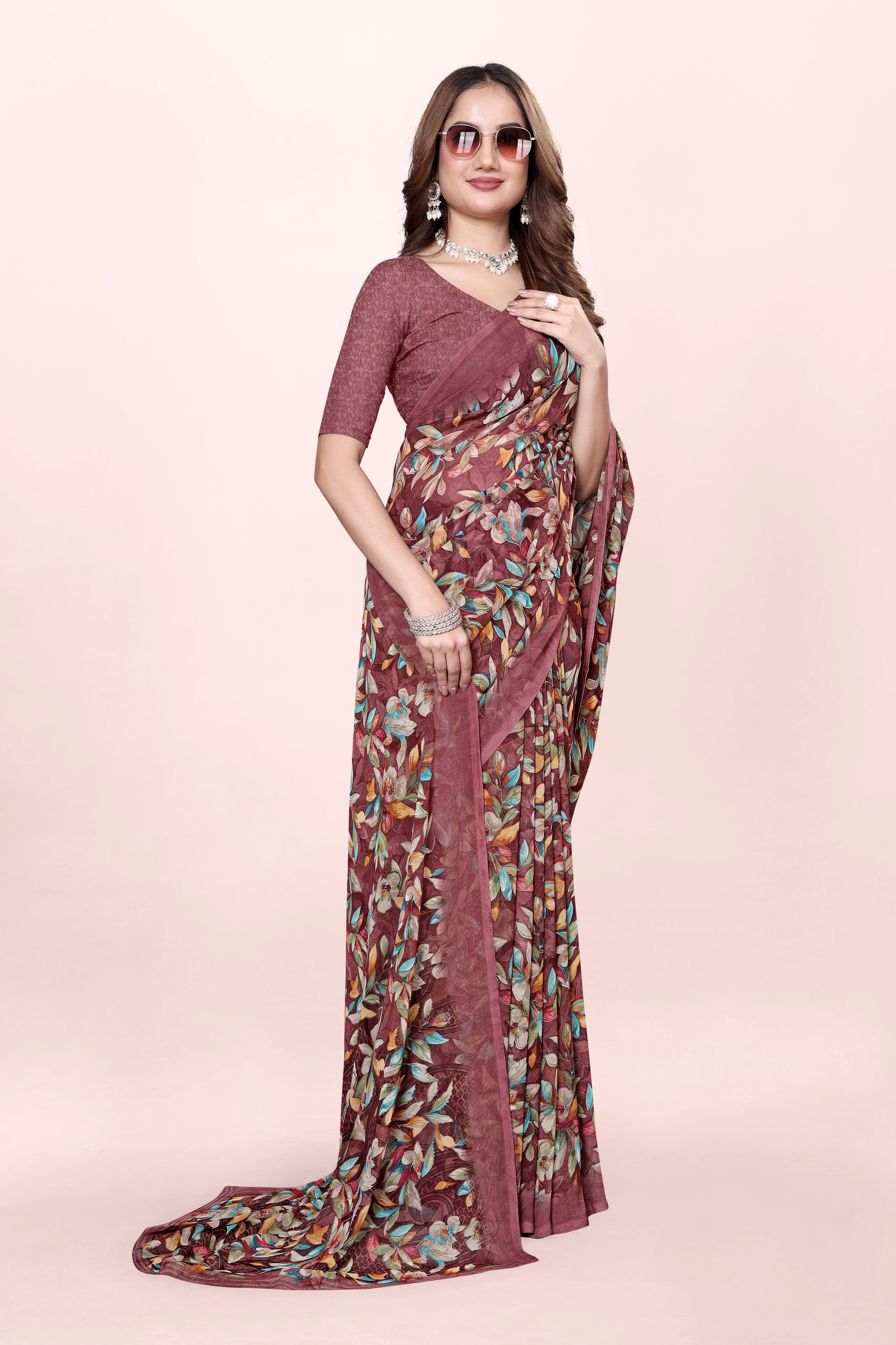 Pastel Pink Floral Printed Srishti Georgette Saree