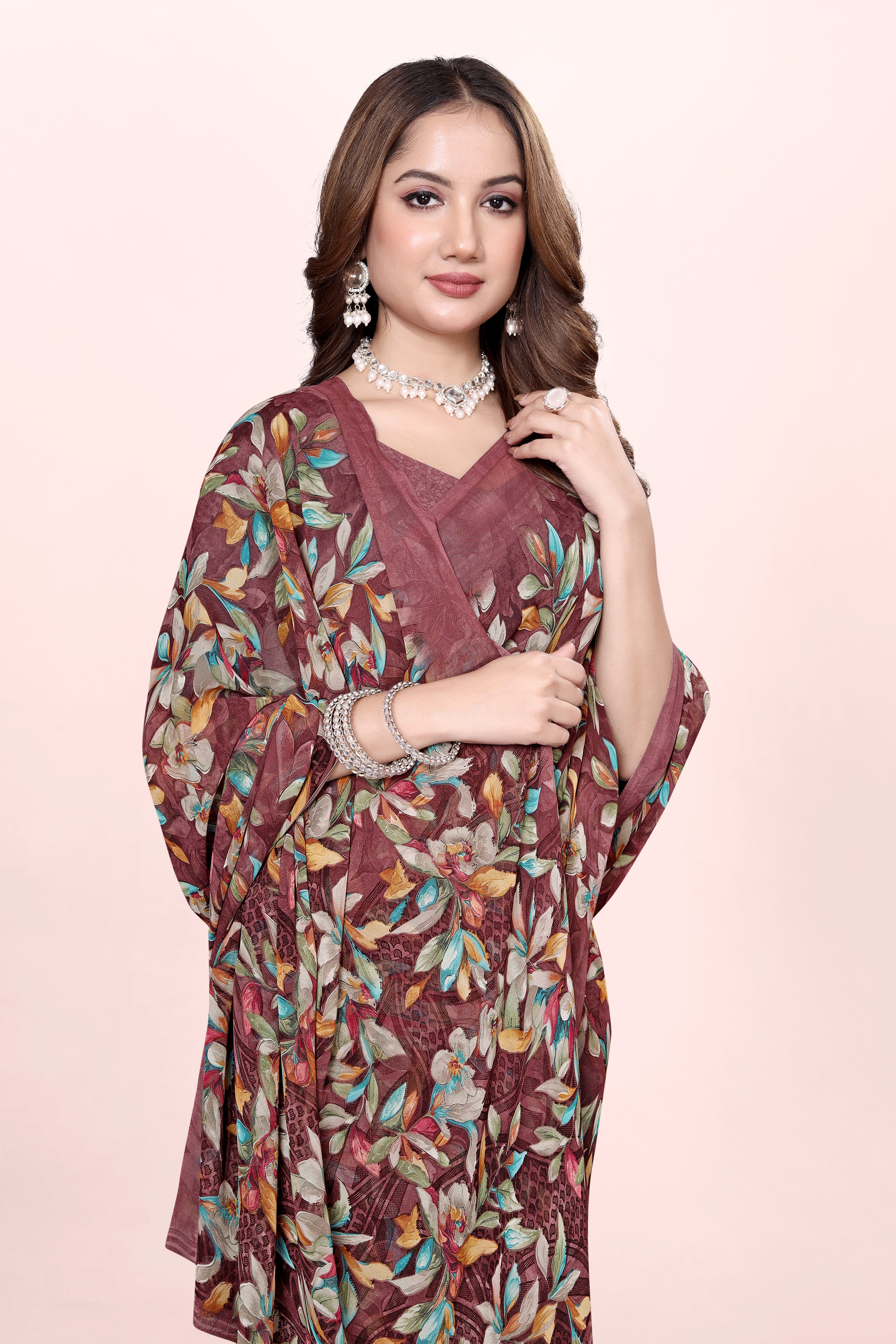 Pastel Pink Floral Printed Srishti Georgette Saree