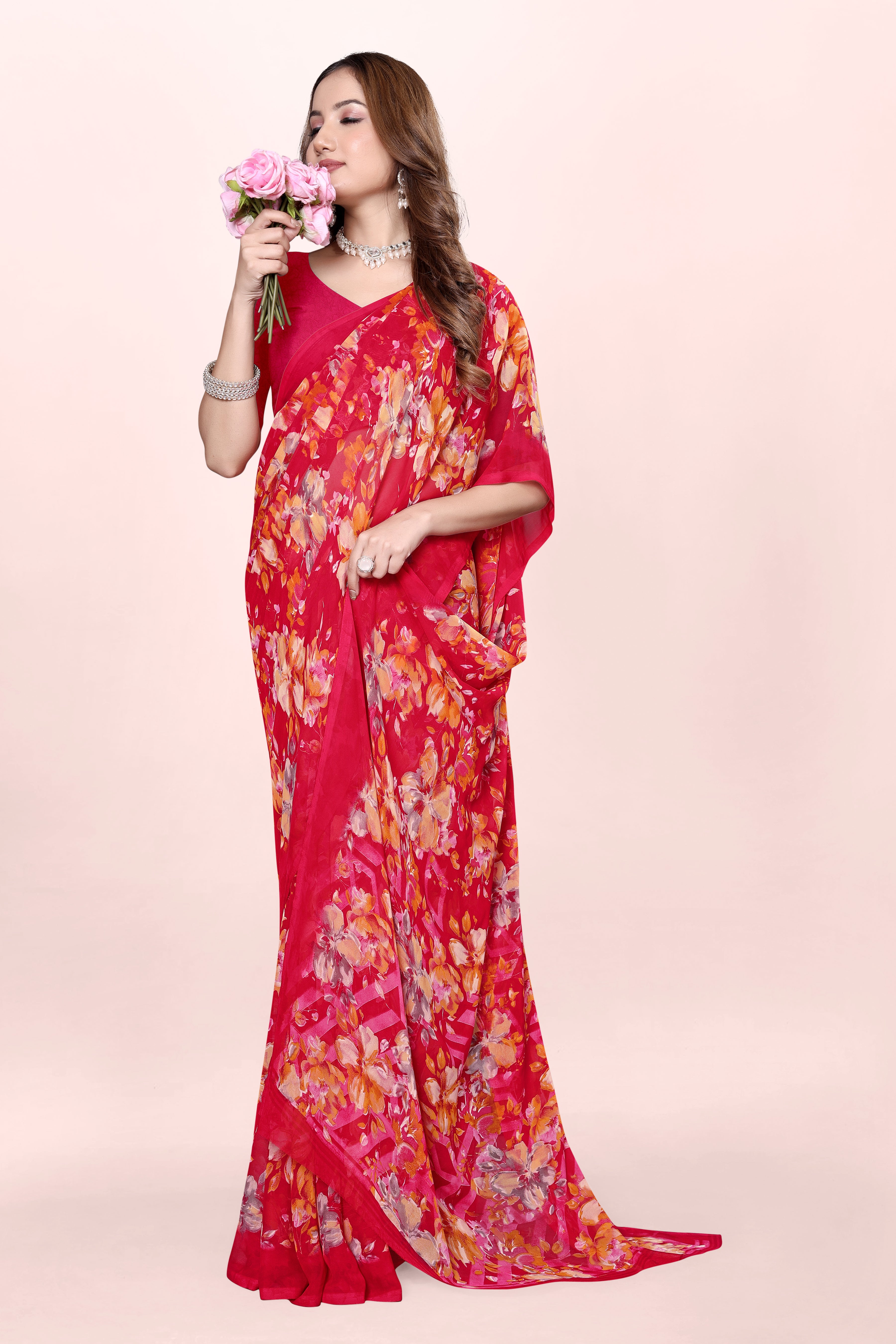 Red Floral Printed Srishti Georgette Saree