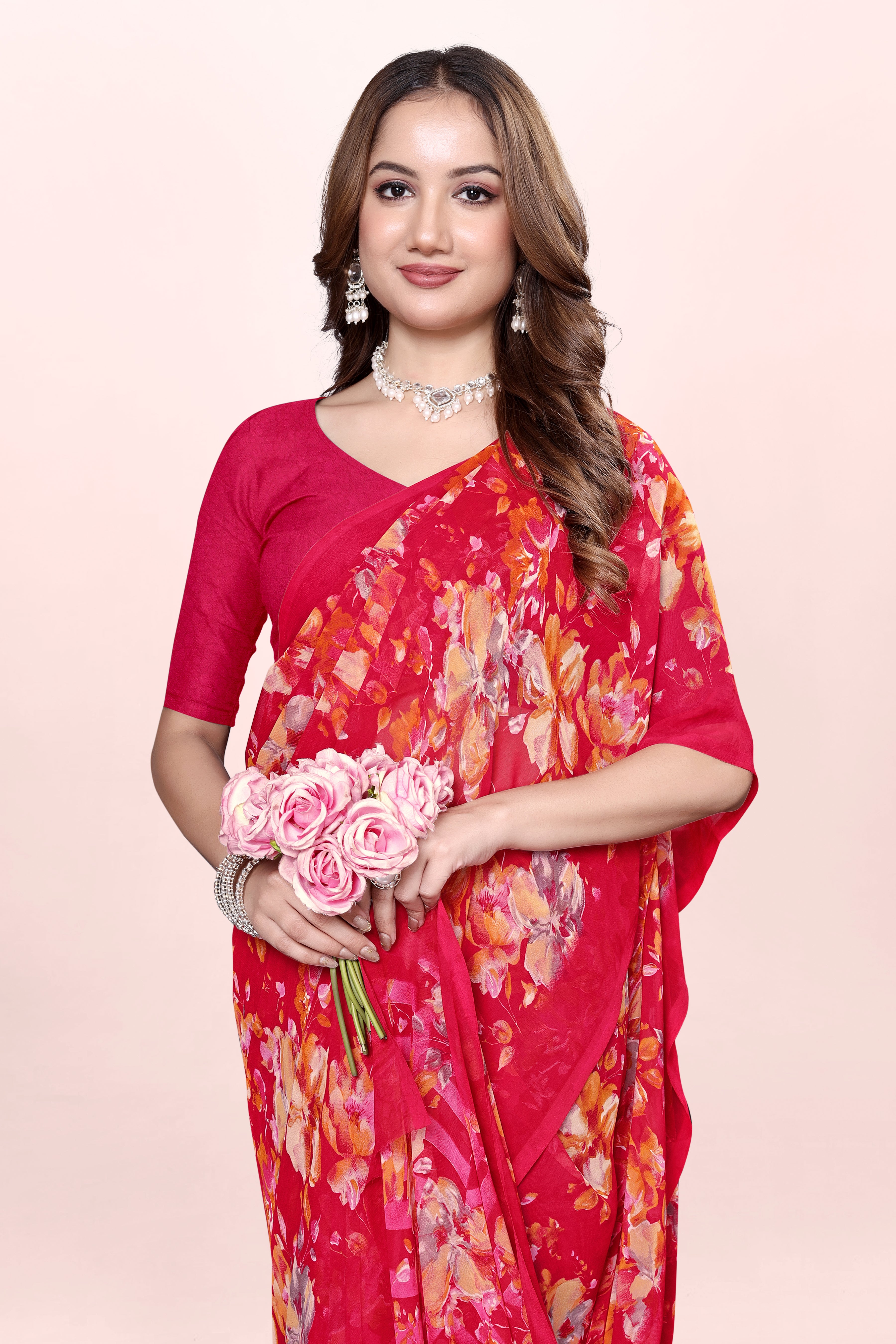 Red Floral Printed Srishti Georgette Saree