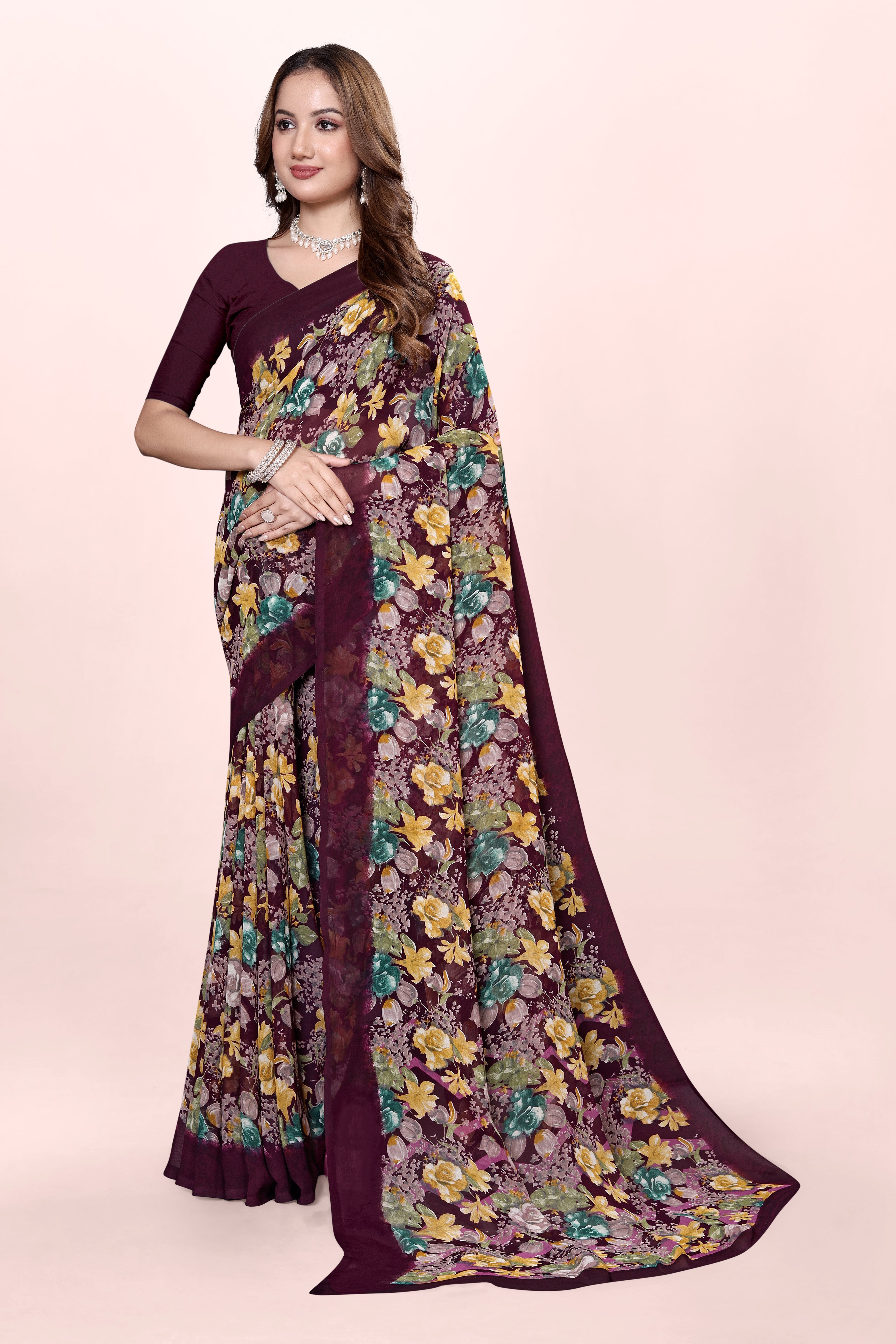 Burgundy Floral Printed Srishti Georgette Saree