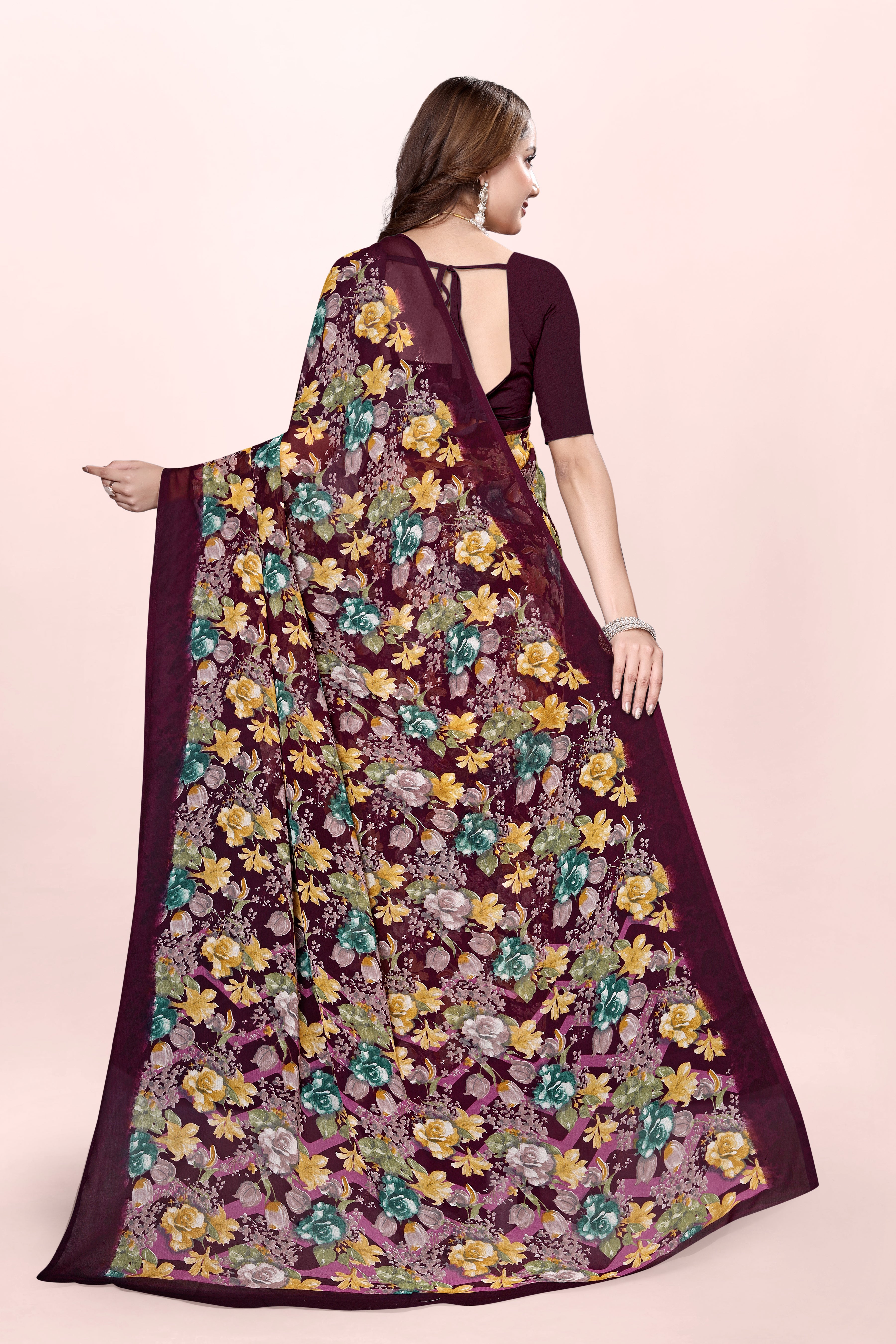 Burgundy Floral Printed Srishti Georgette Saree