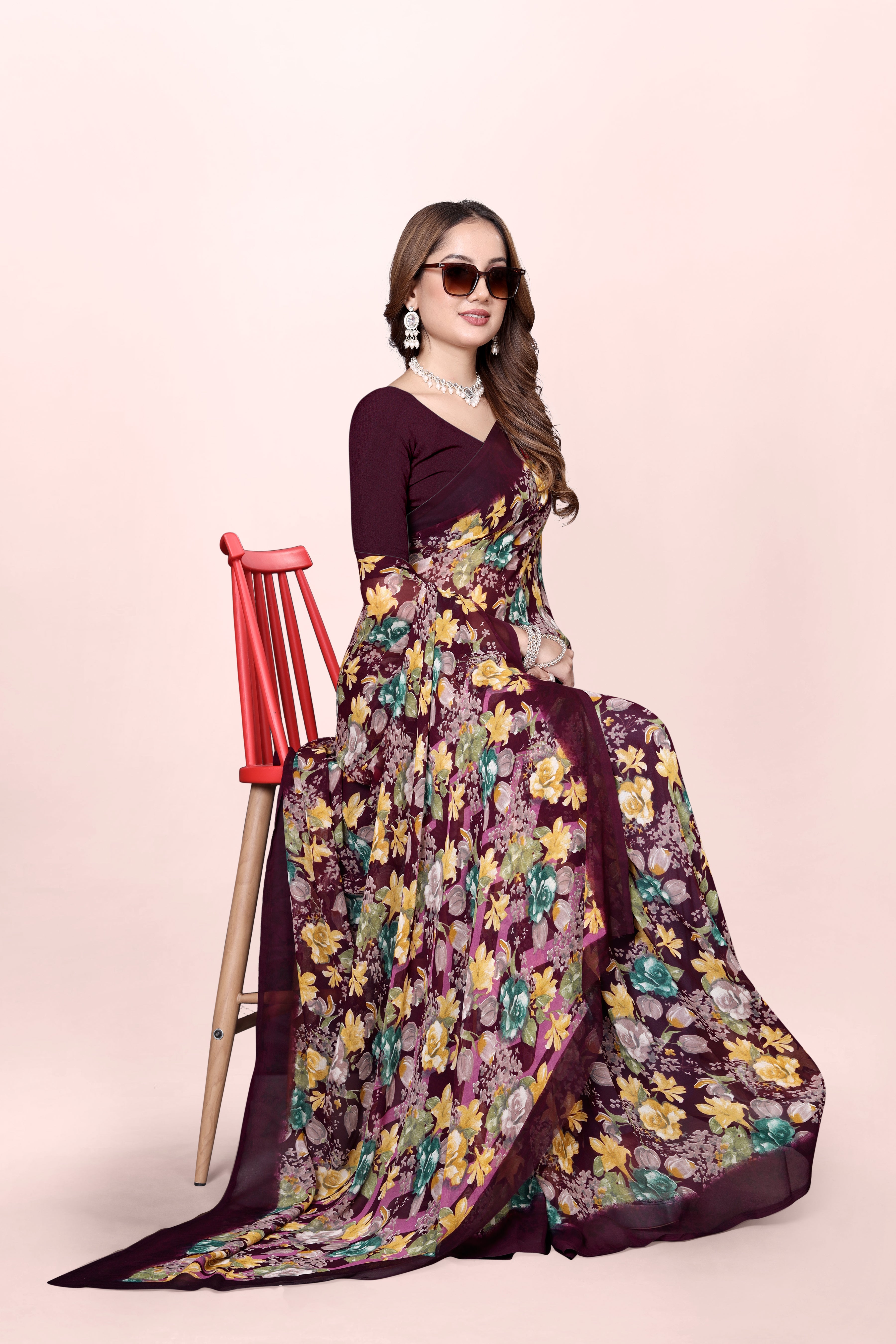 Burgundy Floral Printed Srishti Georgette Saree
