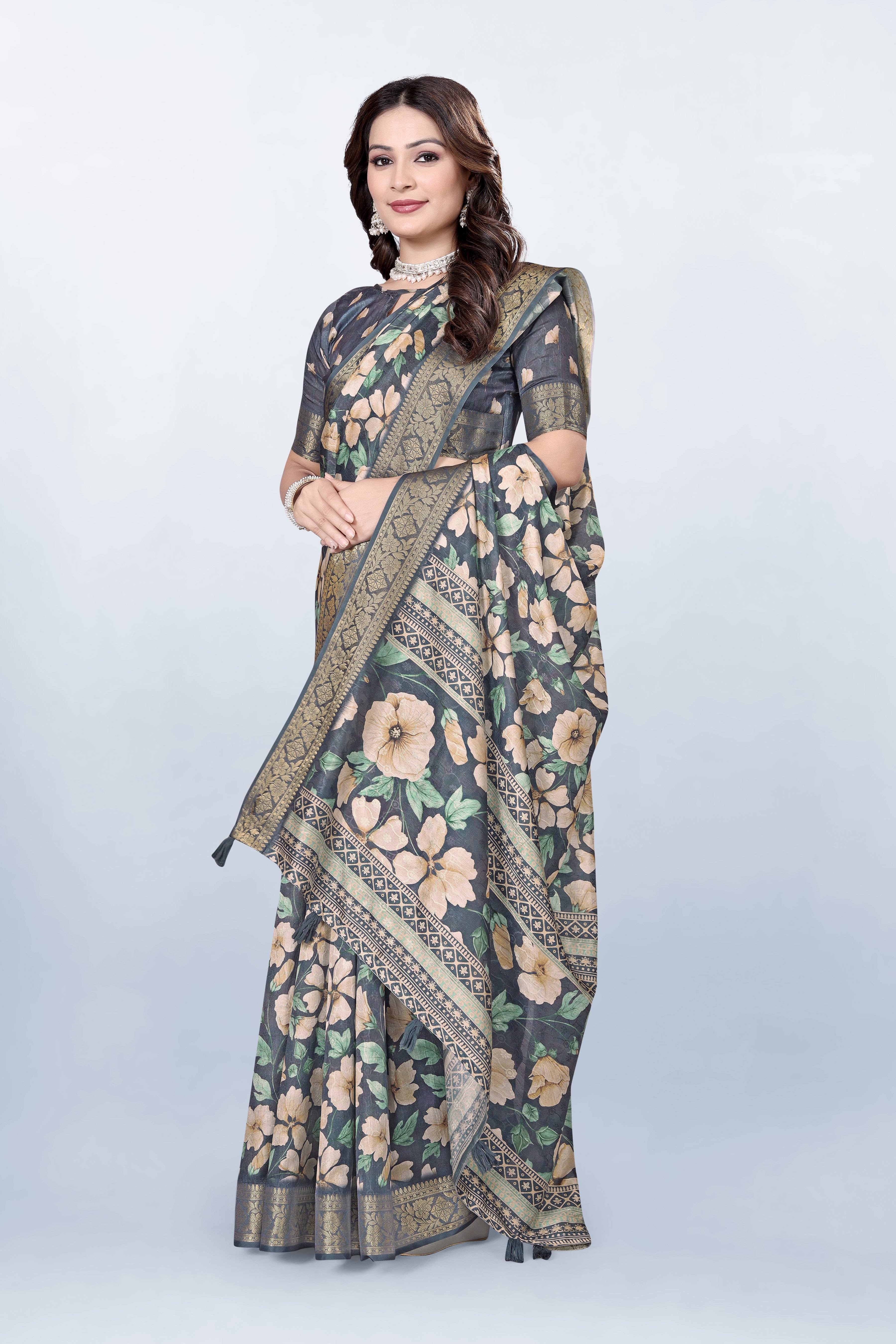 Krishna Pastel Grey Floral print Self Jacquard Silk Saree
