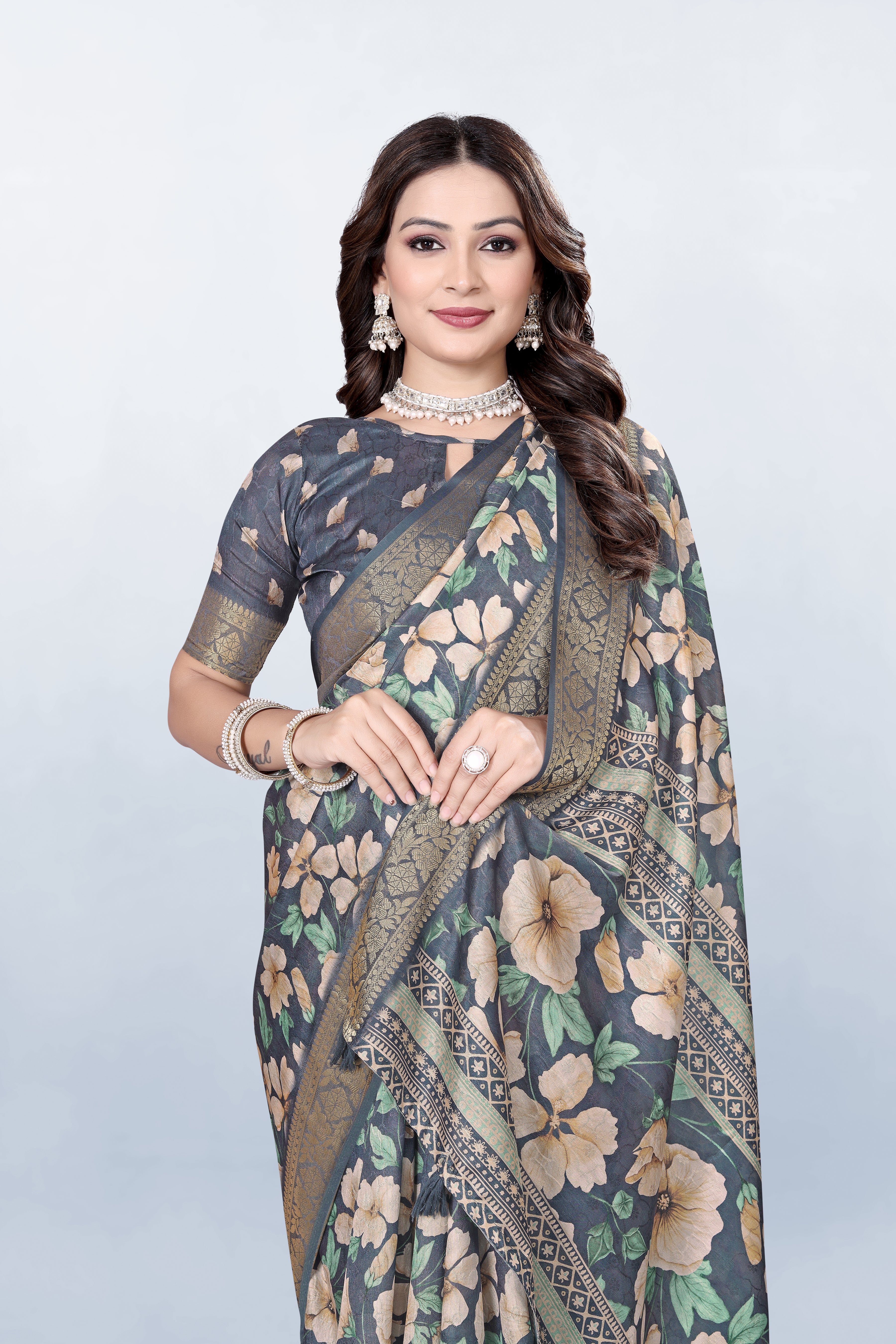 Krishna Pastel Grey Floral print Self Jacquard Silk Saree