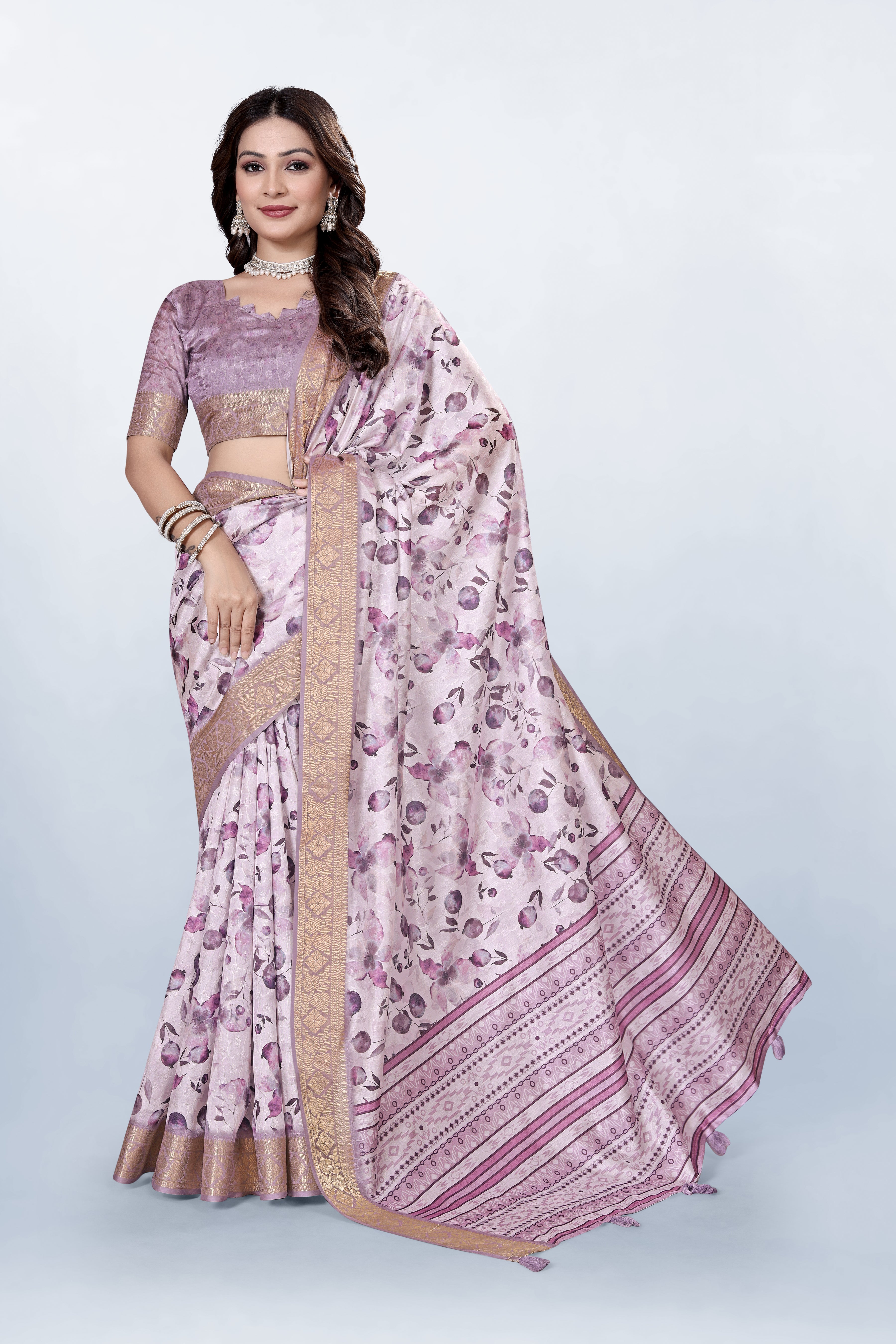 Krishna Pastel Pink Floral print Self Jacquard Silk Saree