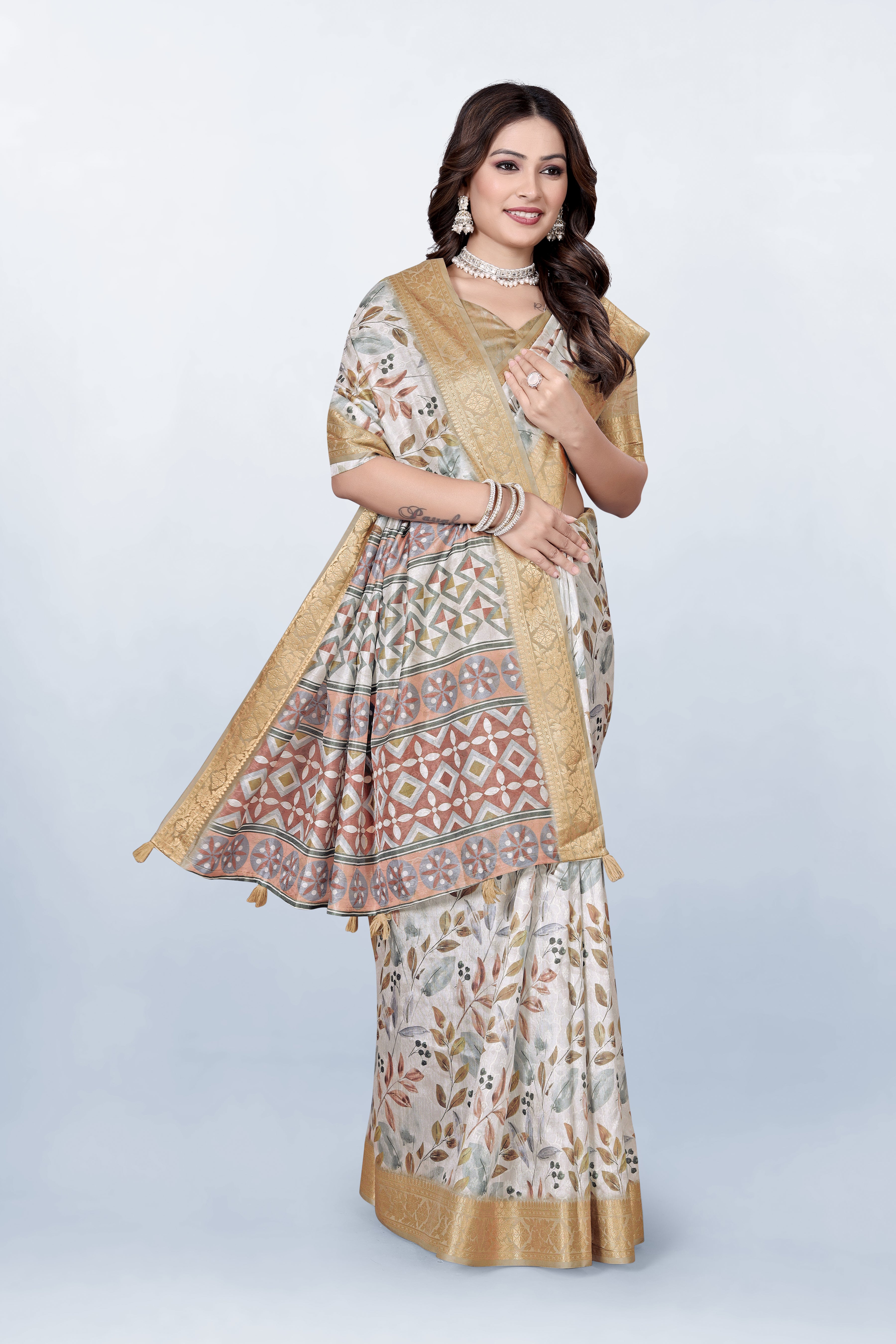 Krishna Pastel White floral Print Self Jacquard Silk Saree