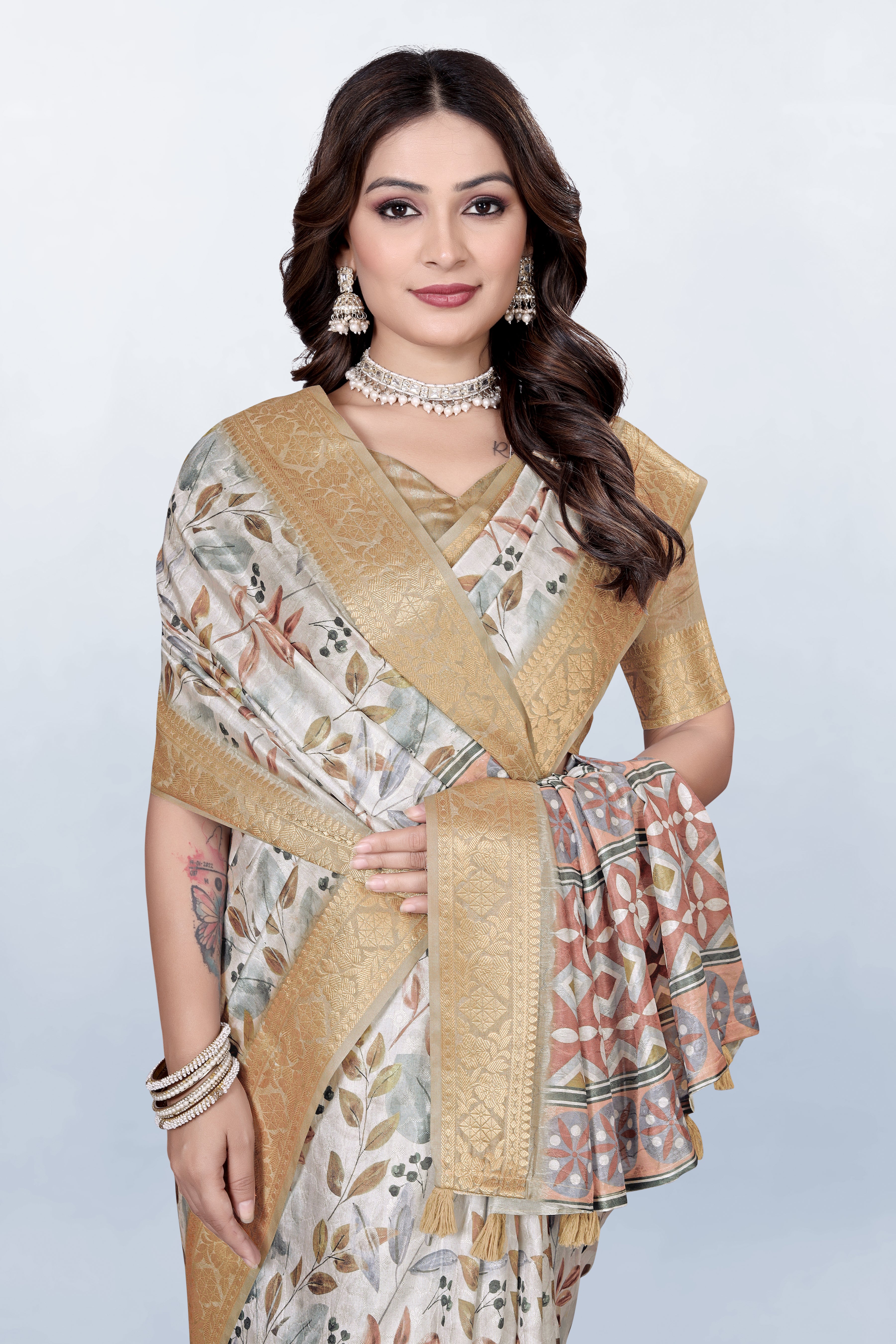 Krishna Pastel White floral Print Self Jacquard Silk Saree