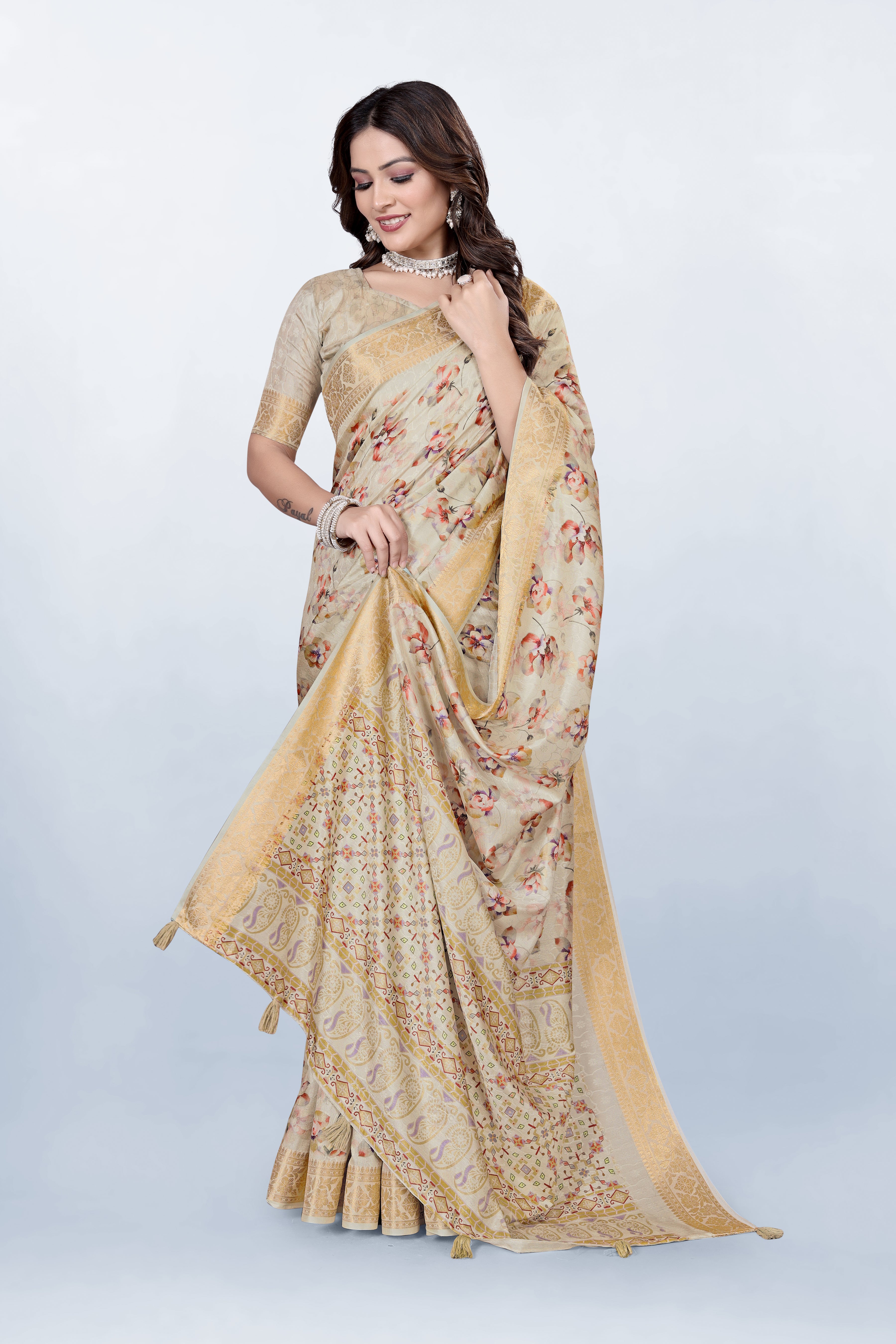 Krishna Pastel Yellow floral Print Self Jacquard Silk Saree