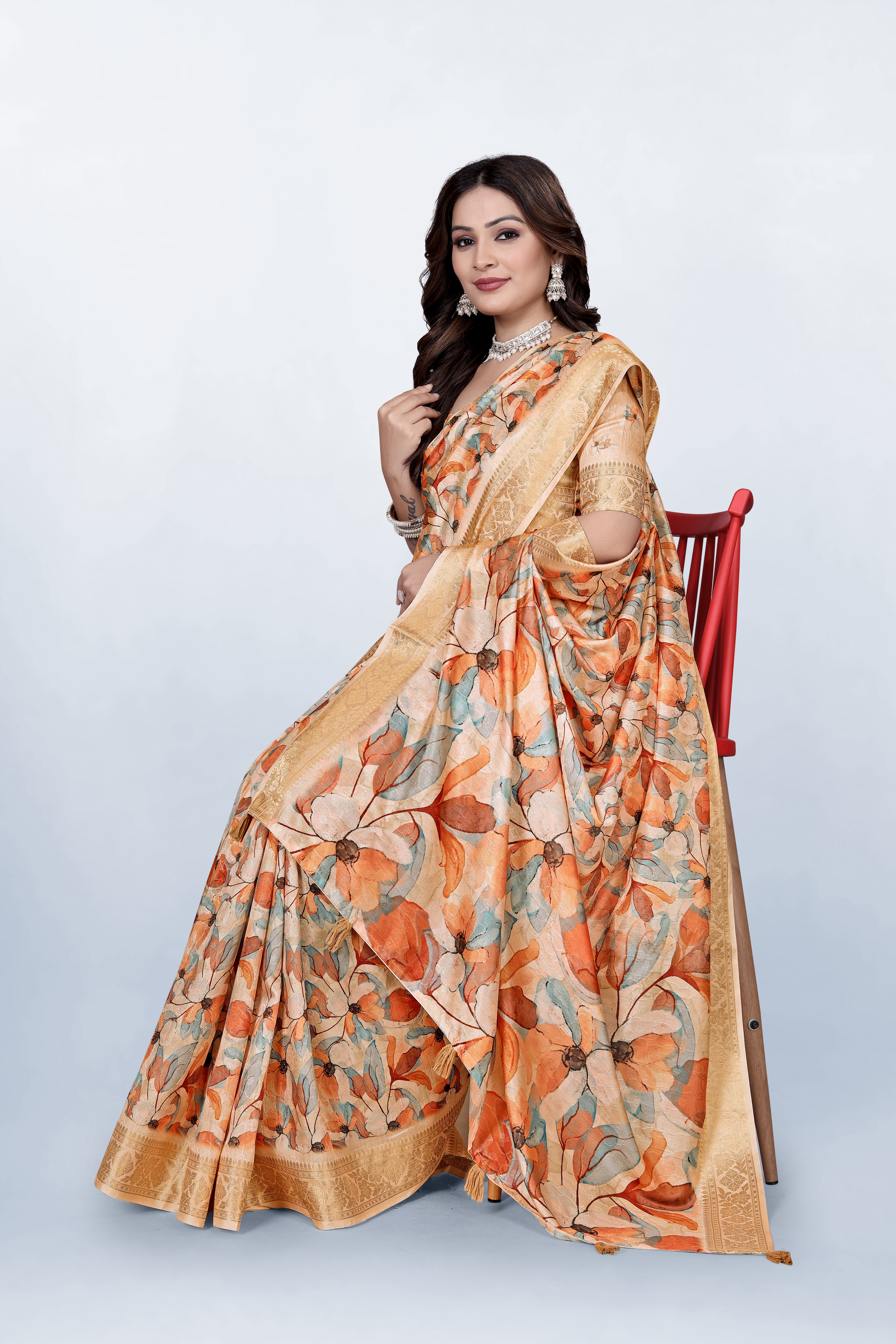 Krishna Pastel Orange floral Print Self Jacquard Silk Saree