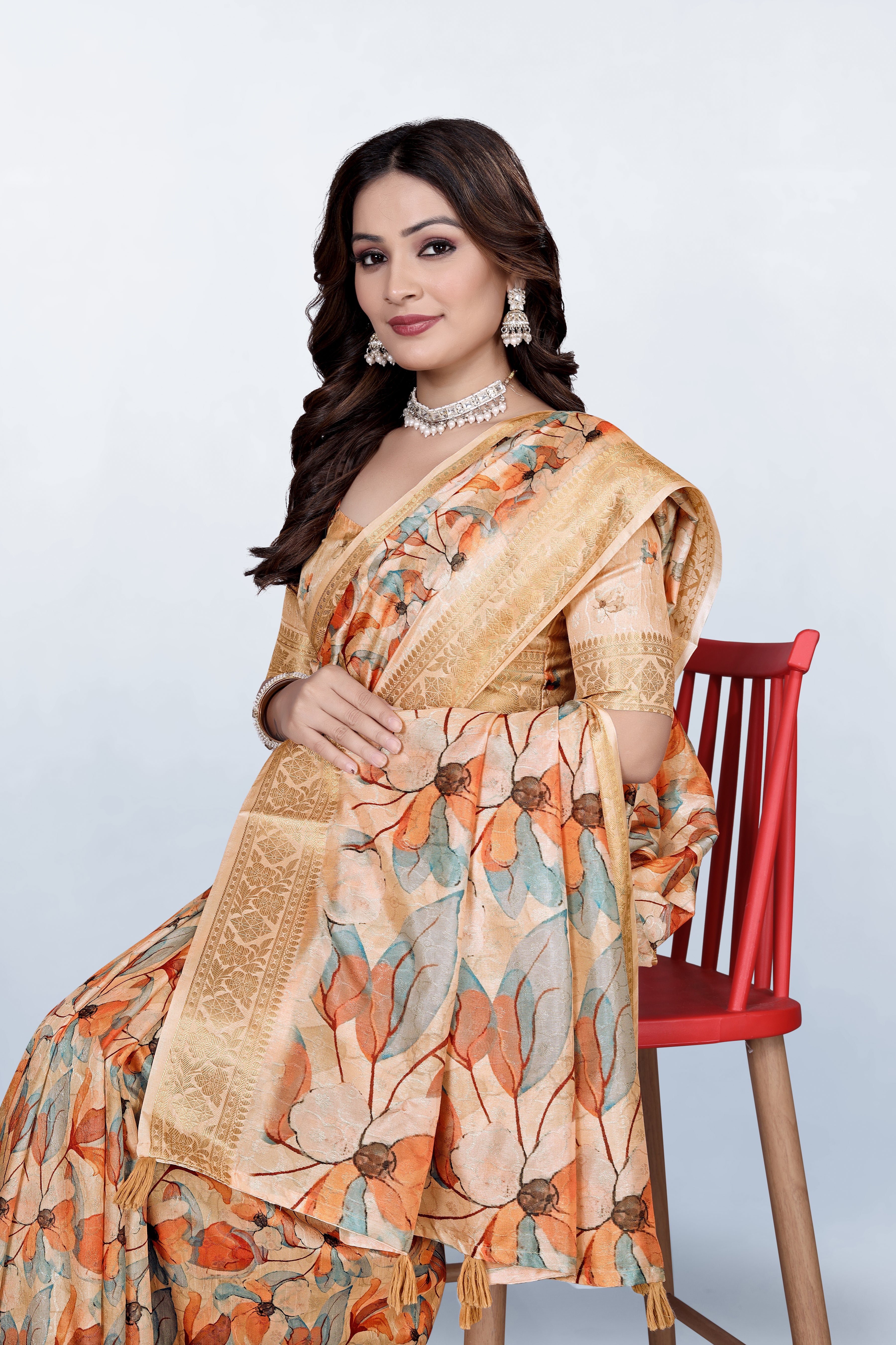 Krishna Pastel Orange floral Print Self Jacquard Silk Saree