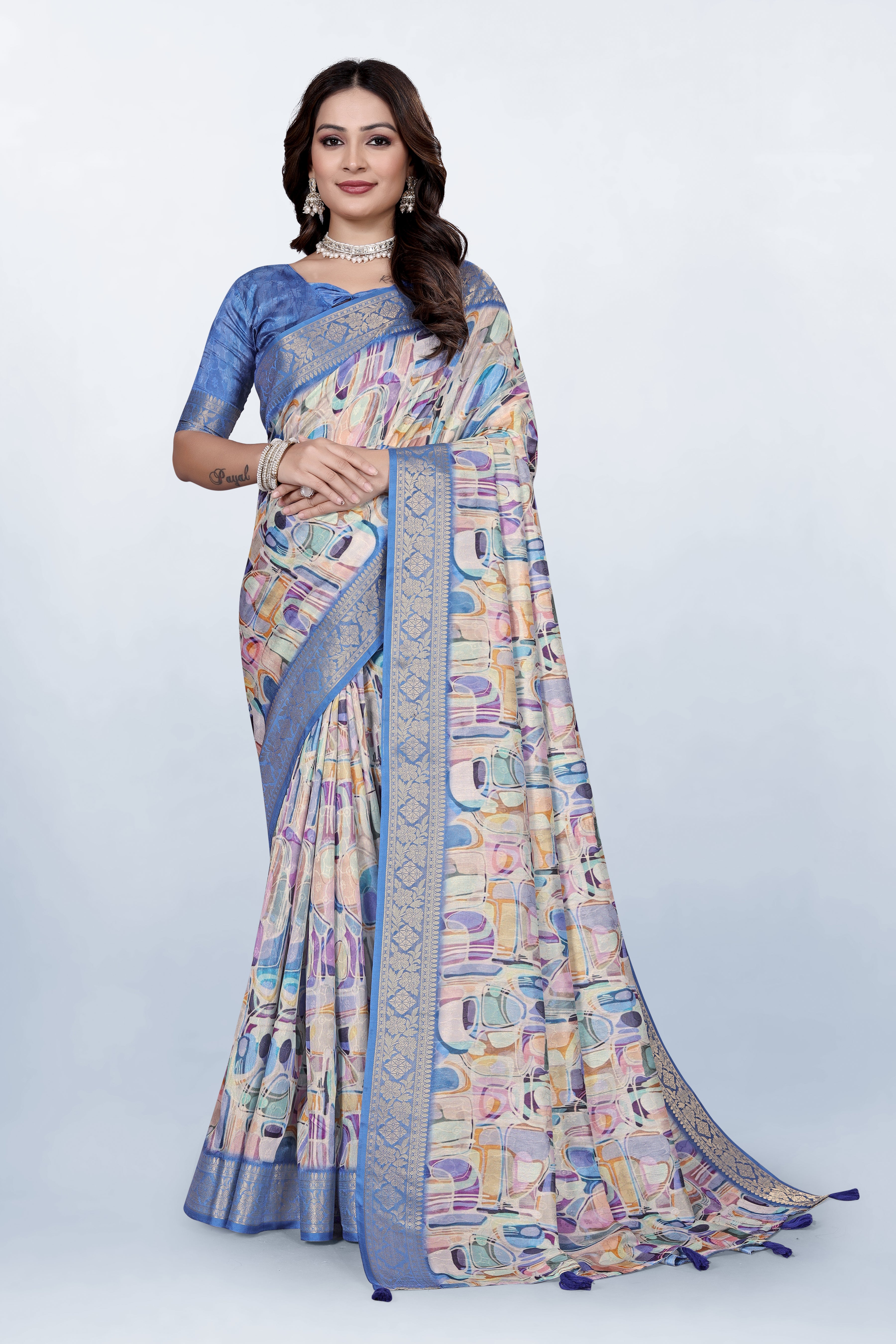 Krishna Blue Geometrical Print Self Jacquard Silk Saree