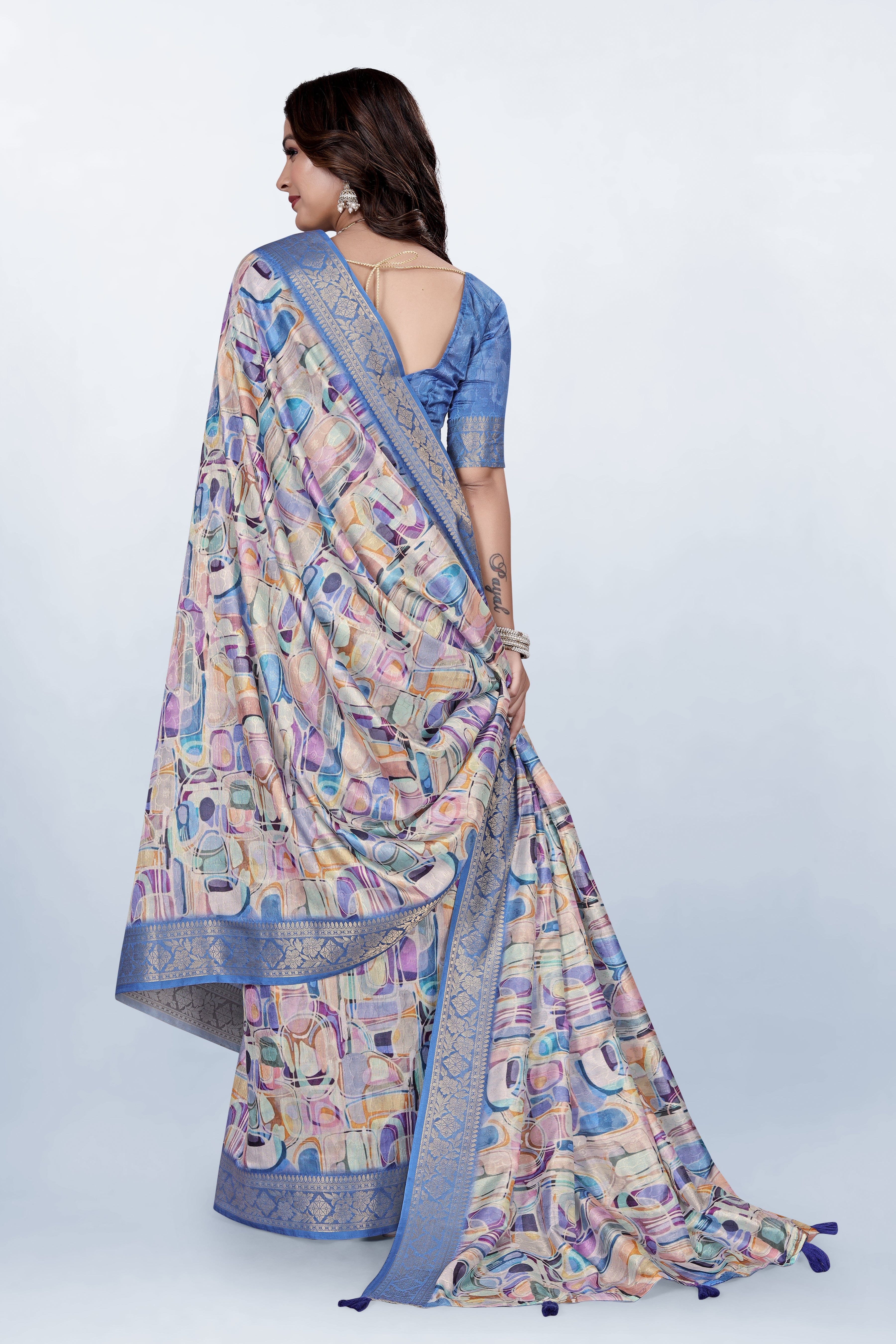 Krishna Blue Geometrical Print Self Jacquard Silk Saree