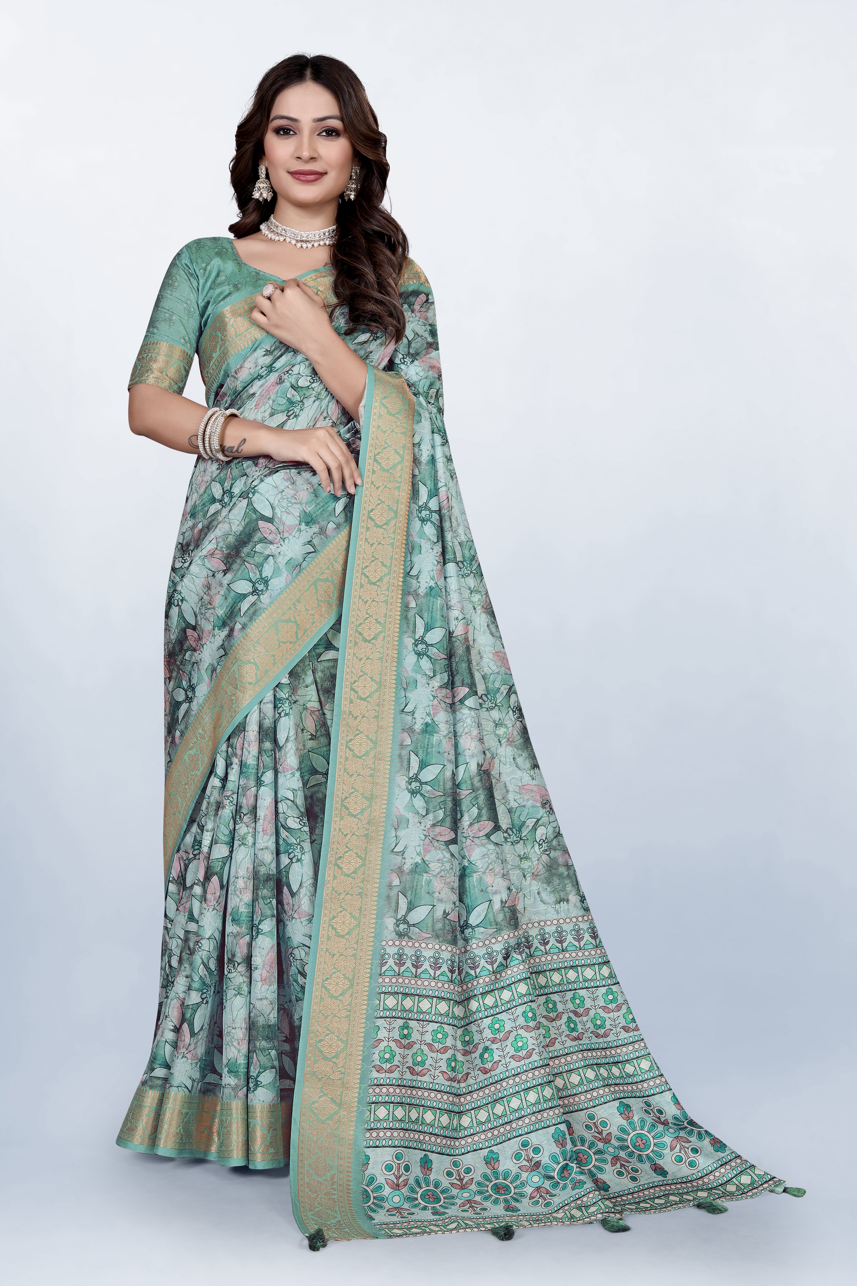 Krishna Pastel Green Floral Print Self Jacquard Silk Saree