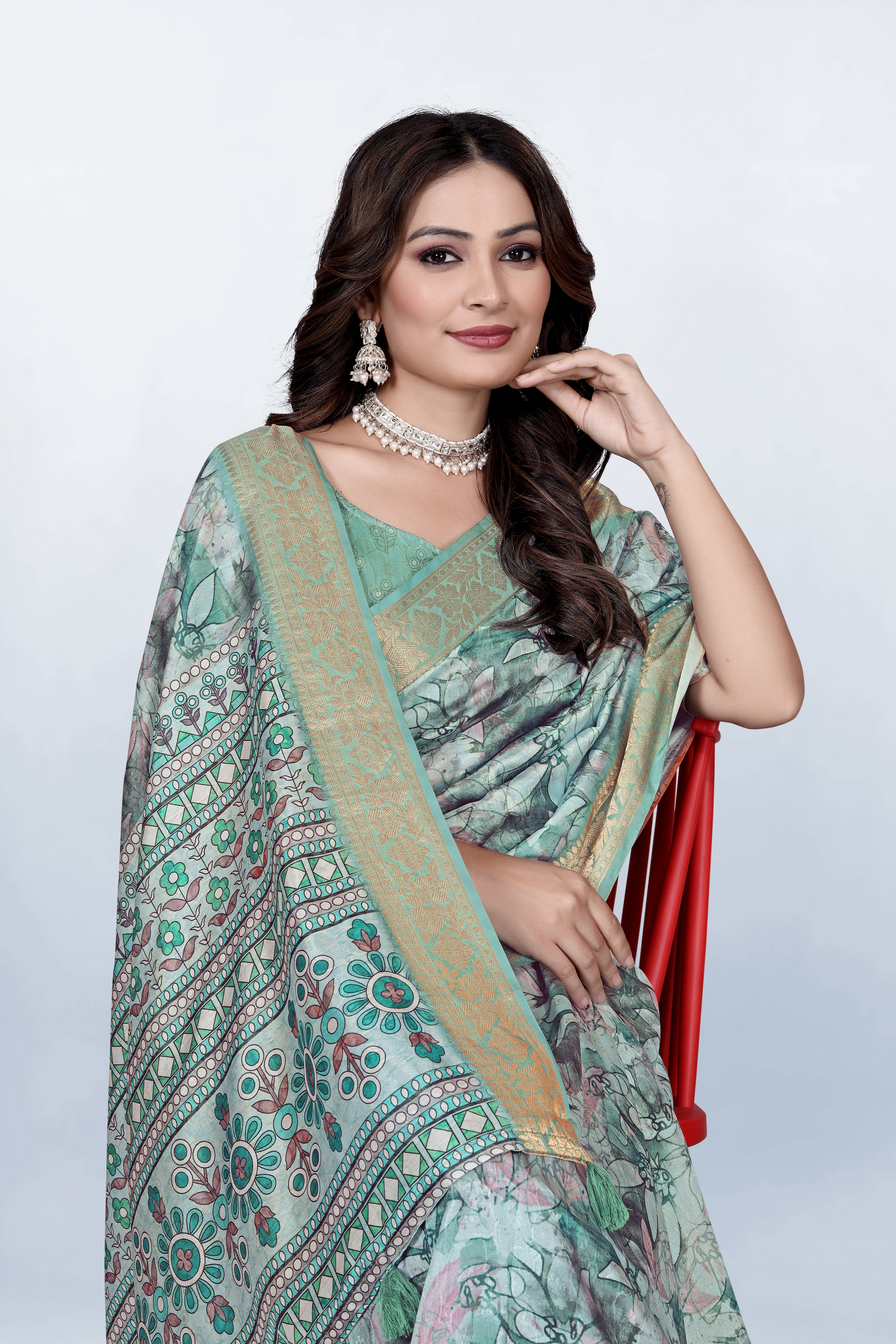 Krishna Pastel Green Floral Print Self Jacquard Silk Saree
