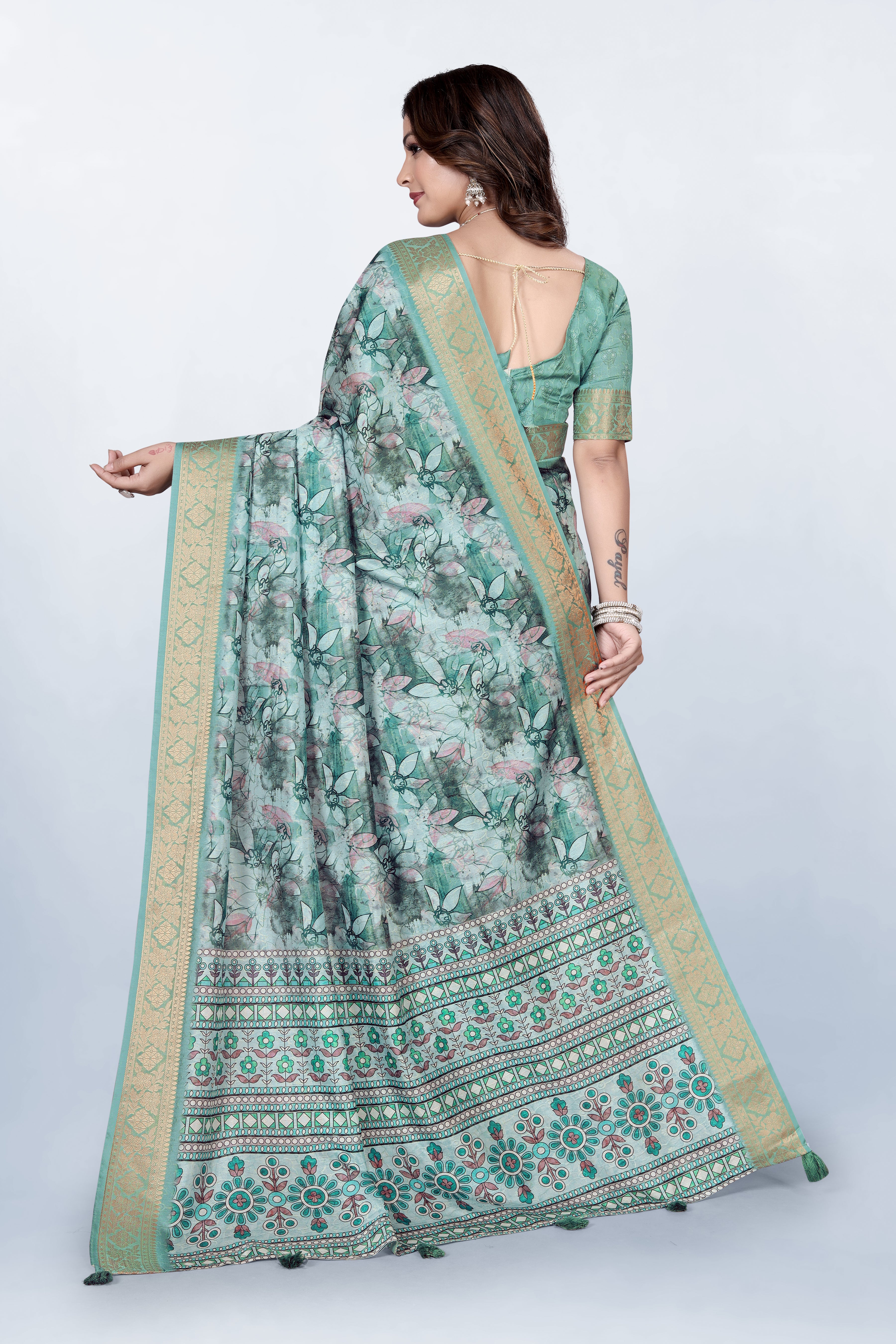 Krishna Pastel Green Floral Print Self Jacquard Silk Saree